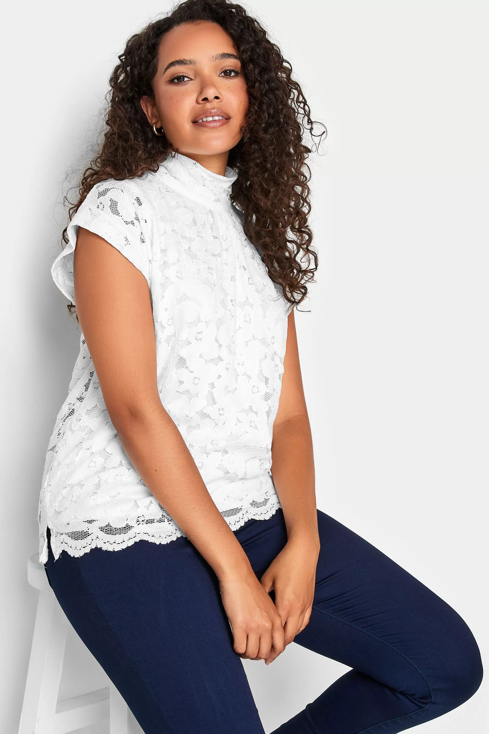 Women M&Co Short Sleeve Tops> Womens White Lace Tie Back Blouse