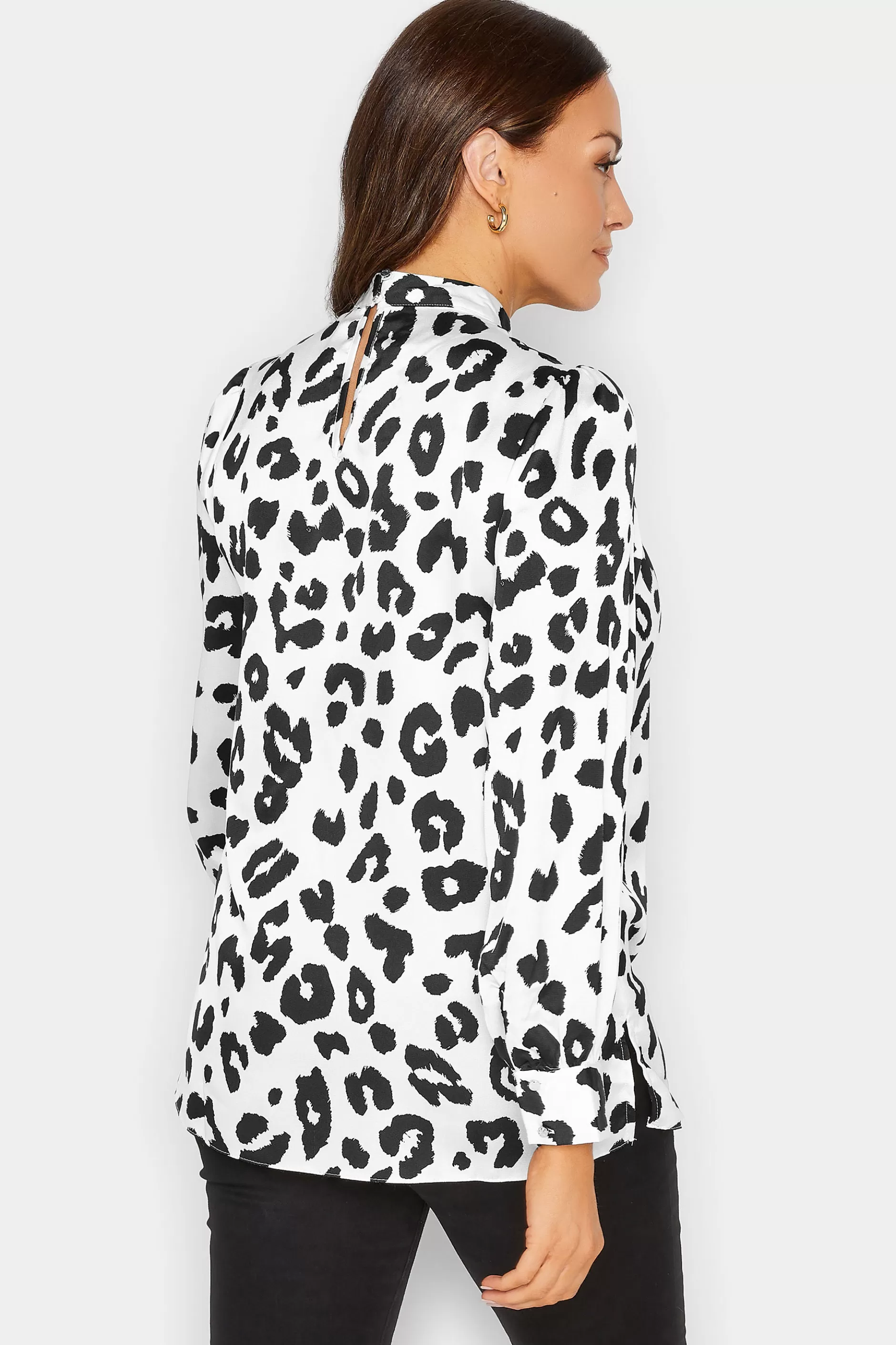 Women M&Co Long Sleeve Tops> Womens White Leopard Print High Neck Satin Blouse