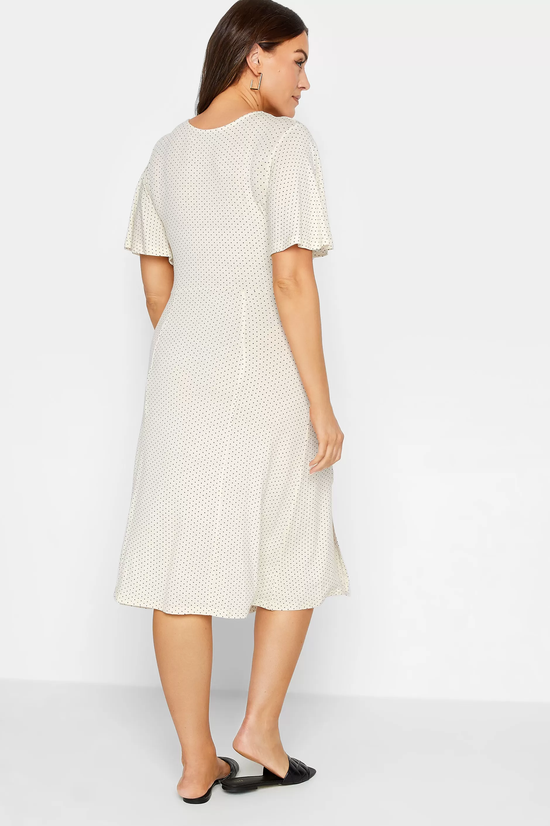 Women M&Co Midi Dresses> Womens White Polka Dot Print Angel Sleeve Split Hem Midi Dress