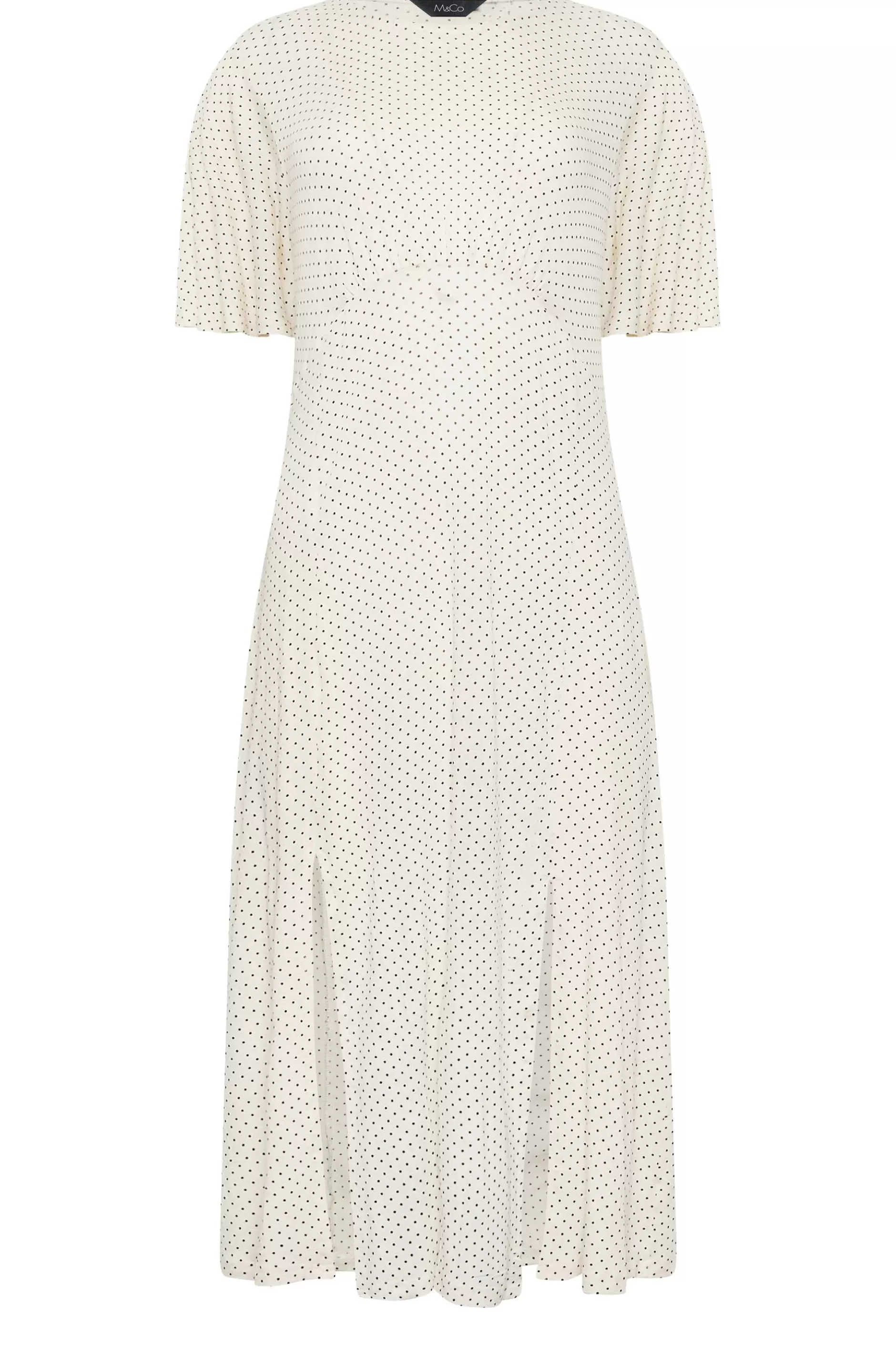 Women M&Co Midi Dresses> Womens White Polka Dot Print Angel Sleeve Split Hem Midi Dress