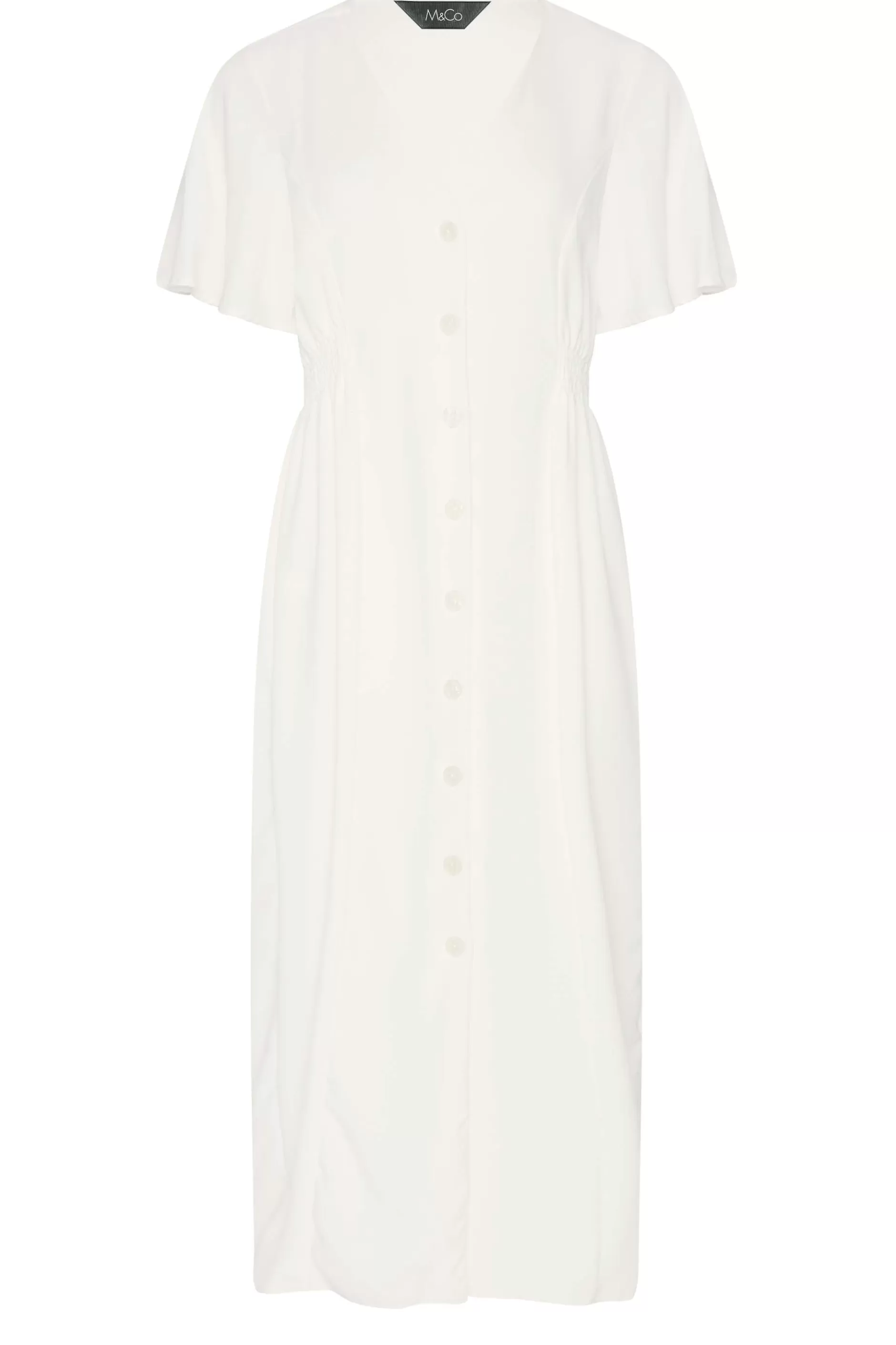 Women M&Co Midi Dresses> Womens White Shirred Waist Button Dress