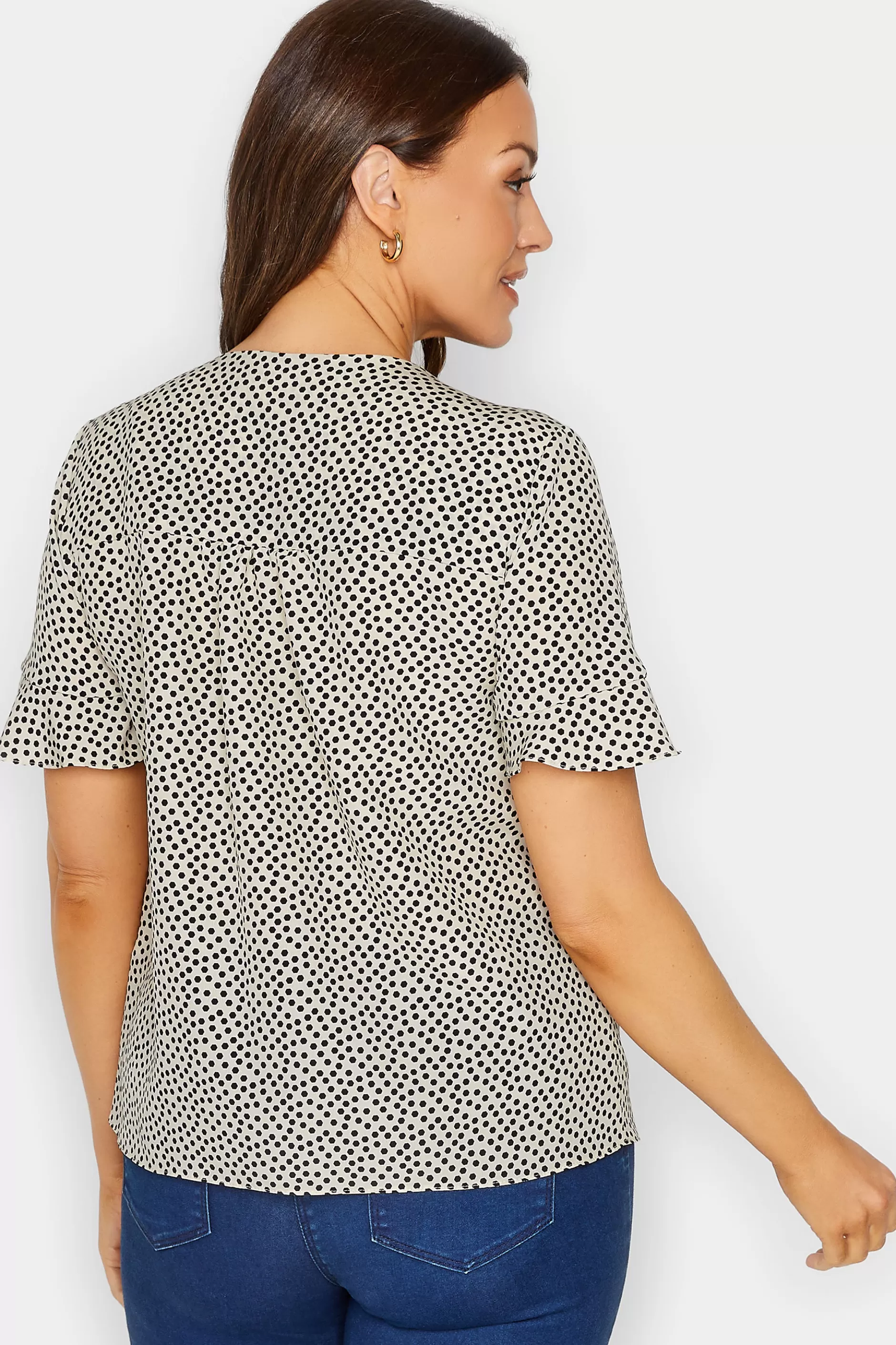Women M&Co Short Sleeve Tops> Womens White Spot Print Frill Sleeve Button Through Blouse