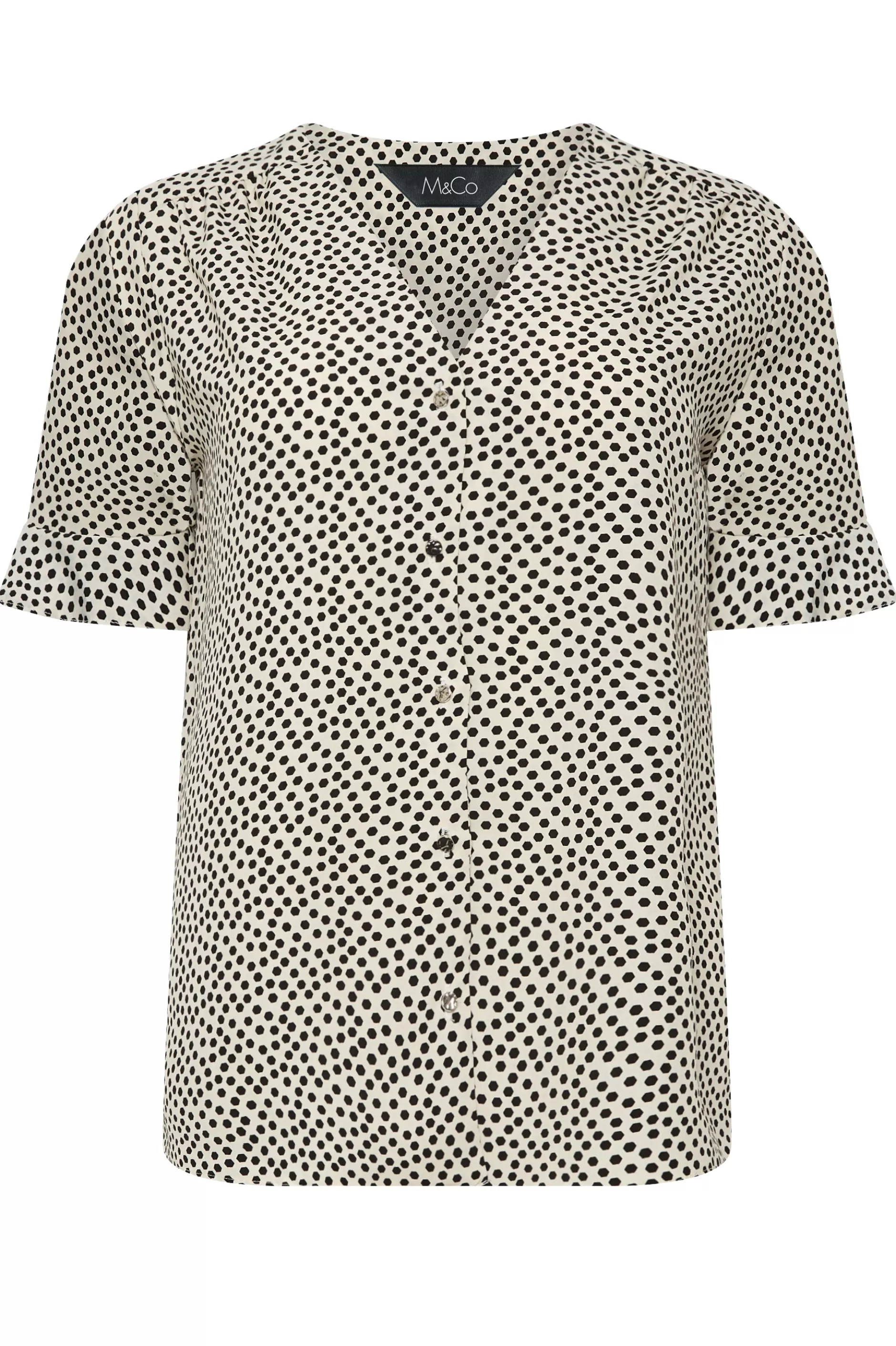 Women M&Co Short Sleeve Tops> Womens White Spot Print Frill Sleeve Button Through Blouse