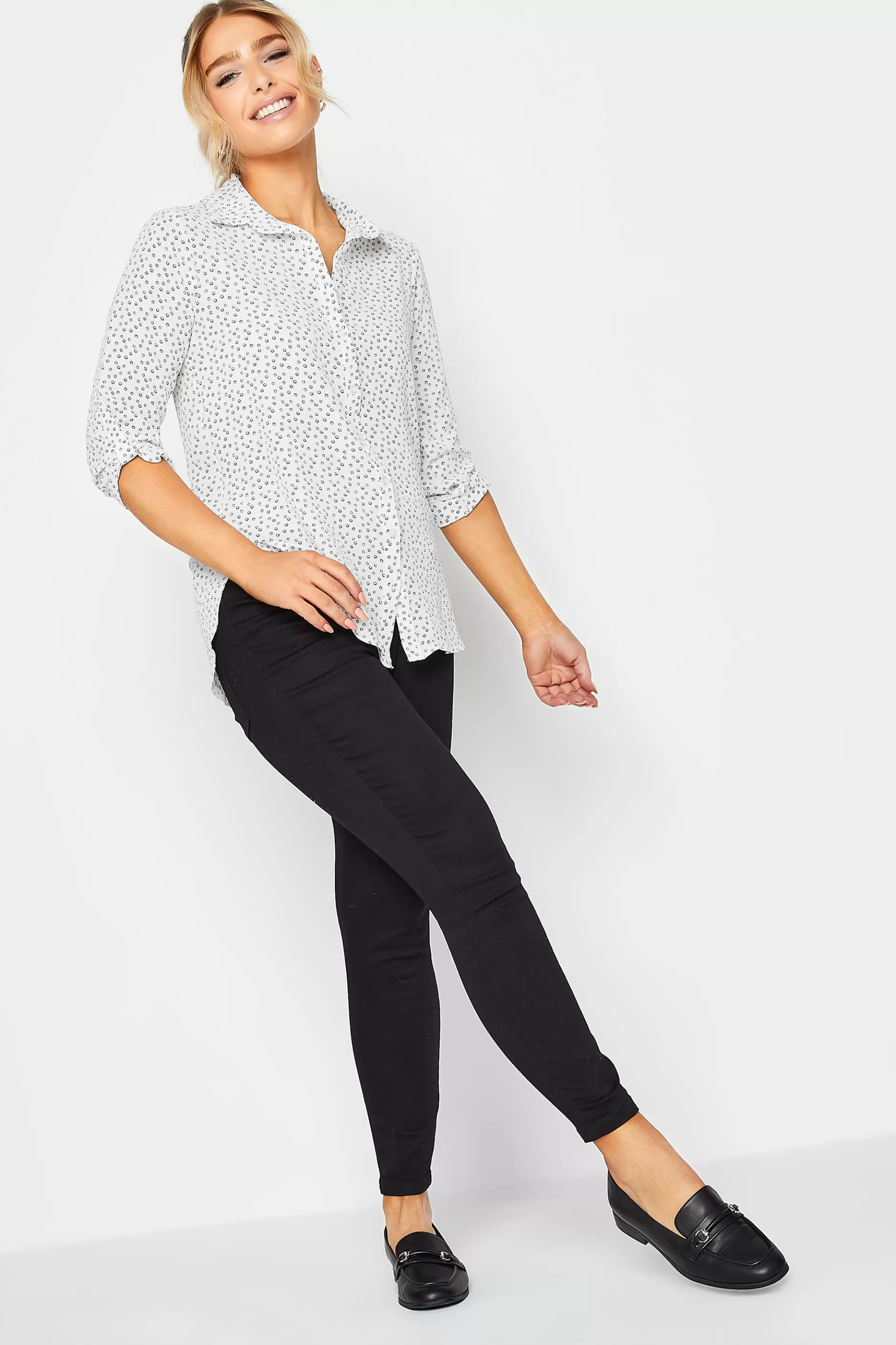 Women M&Co Shirts> Womens White Spot Print Tab Sleeve Shirt