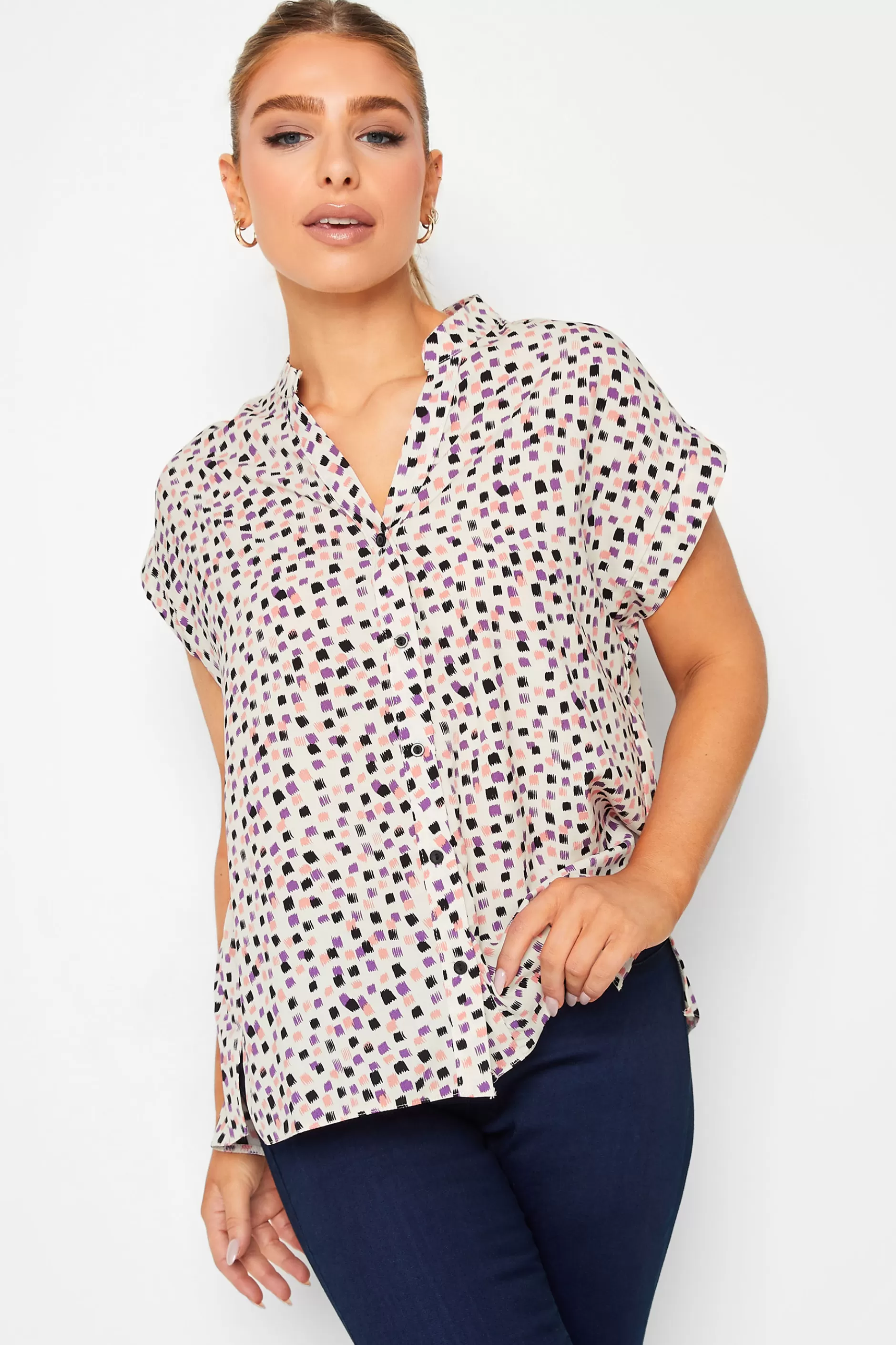 Women M&Co Short Sleeve Tops> Womens White Spot Print V-Neck Blouse