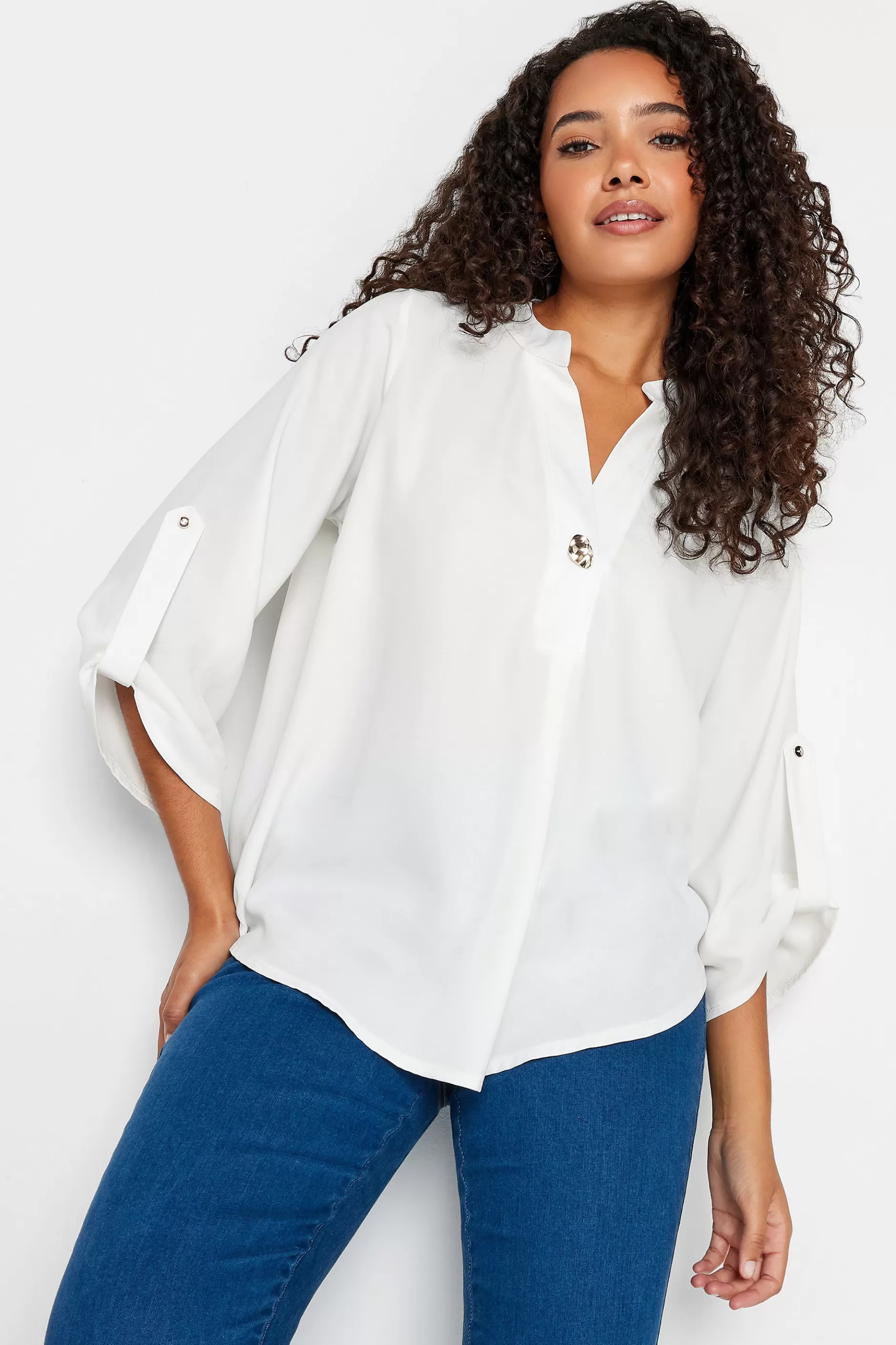 Women M&Co Shirts> Womens White Statement Button Tab Sleeve Shirt