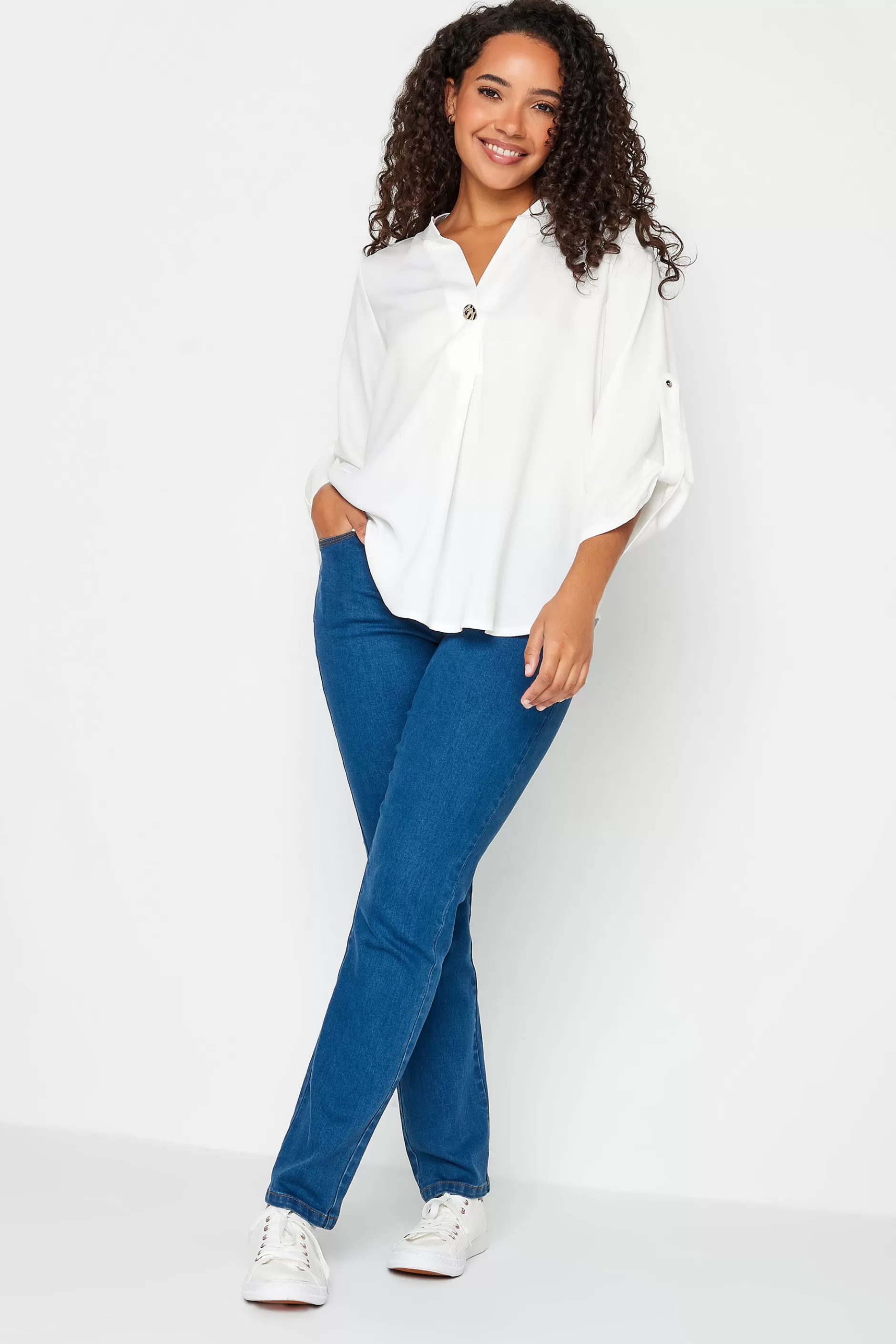 Women M&Co Shirts> Womens White Statement Button Tab Sleeve Shirt