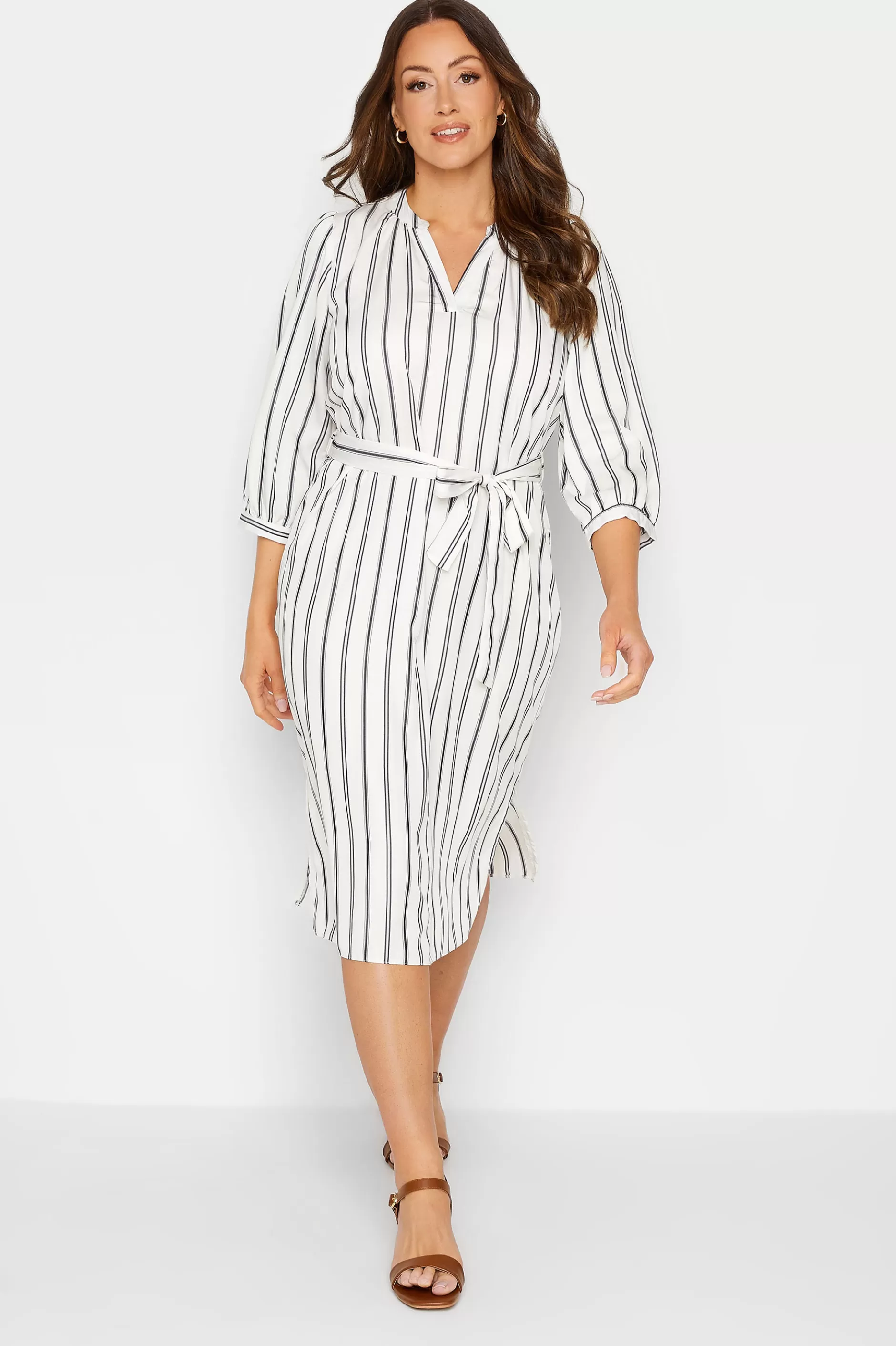 Women M&Co Shirt Dresses> Womens White Stripe Print Tie Waist Tunic Dress