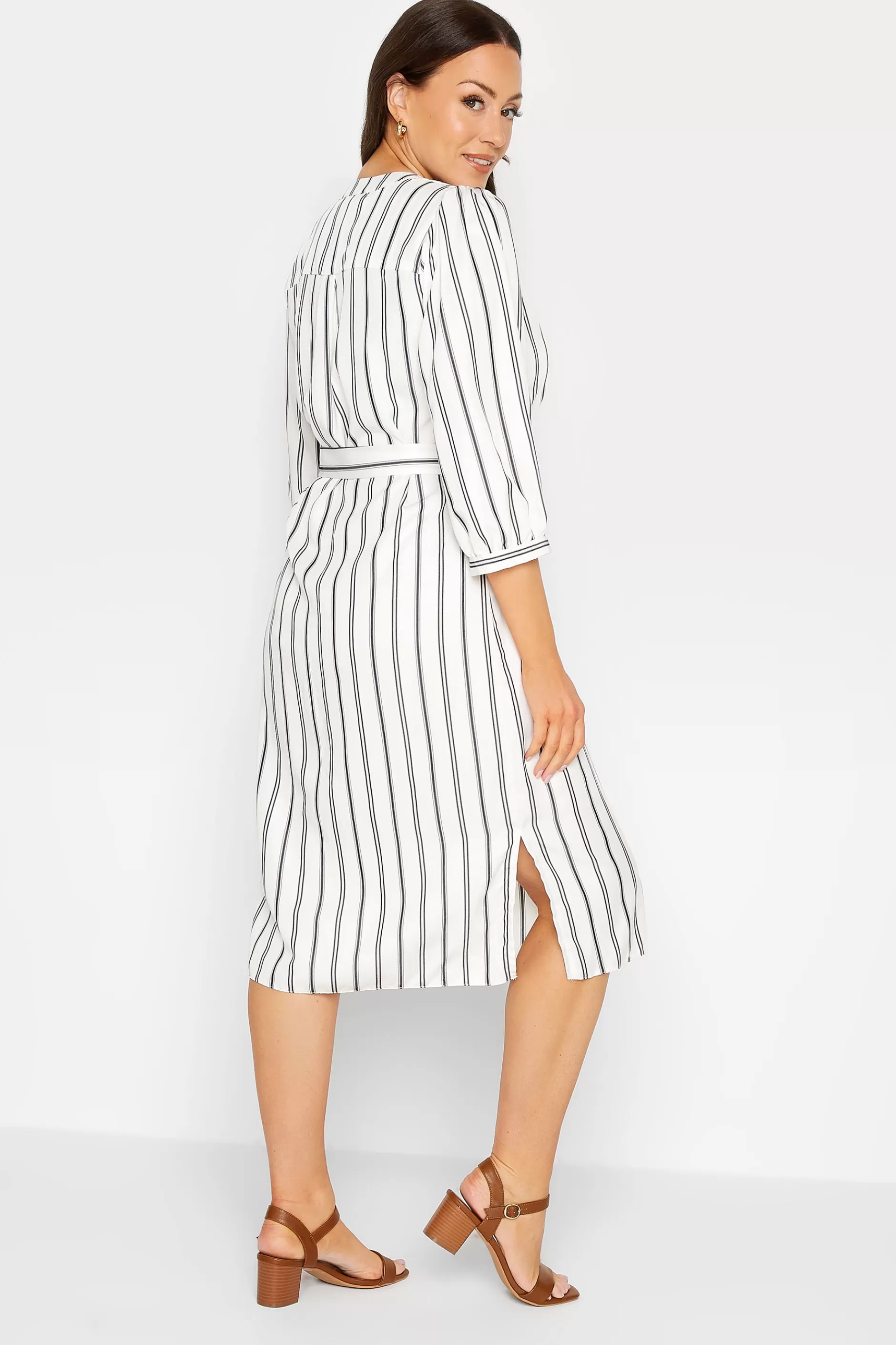 Women M&Co Shirt Dresses> Womens White Stripe Print Tie Waist Tunic Dress