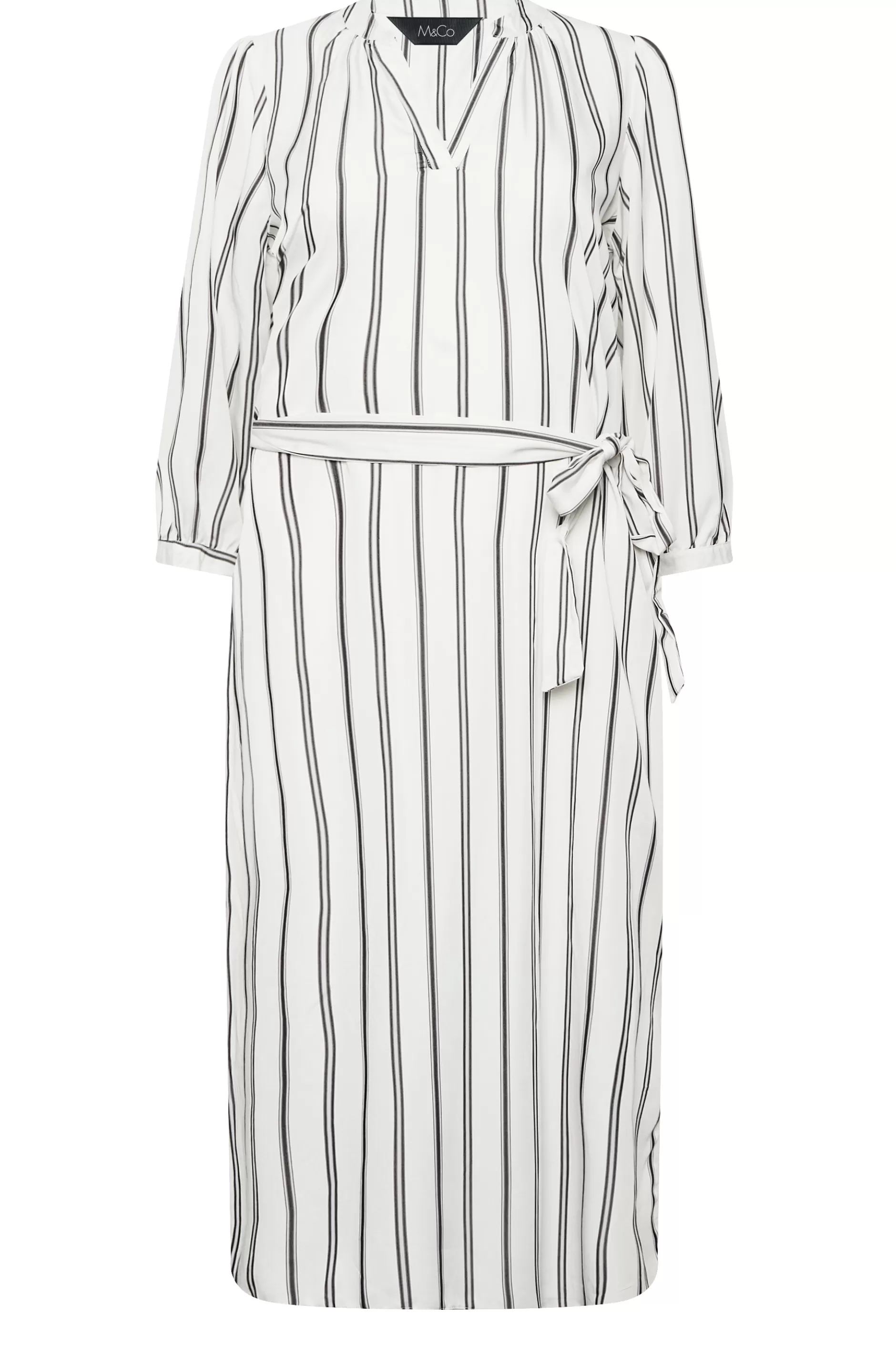 Women M&Co Shirt Dresses> Womens White Stripe Print Tie Waist Tunic Dress