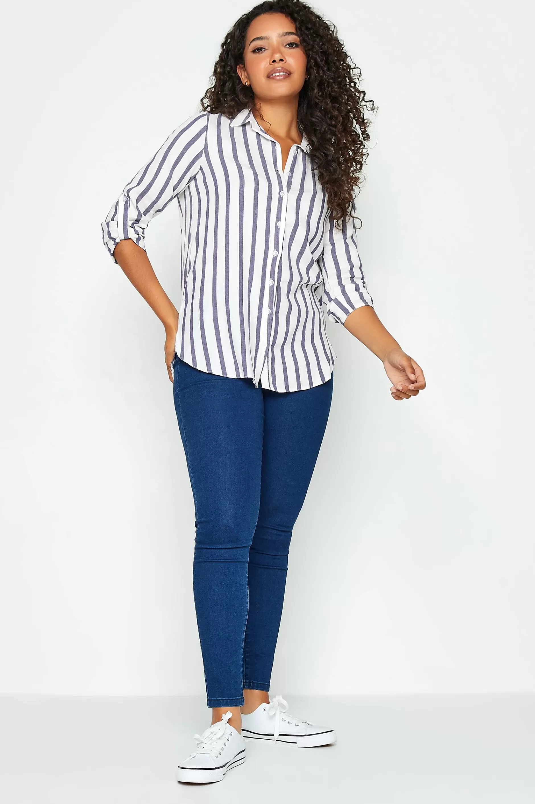 Women M&Co Shirts> Womens White Stripe Tab Sleeve Shirt