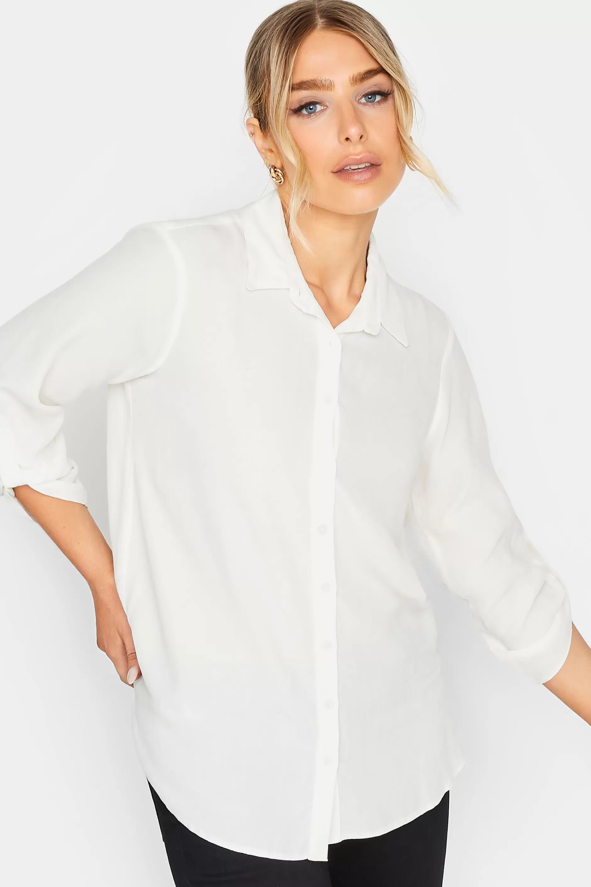 Women M&Co Shirts> Womens White Tab Sleeve Shirt