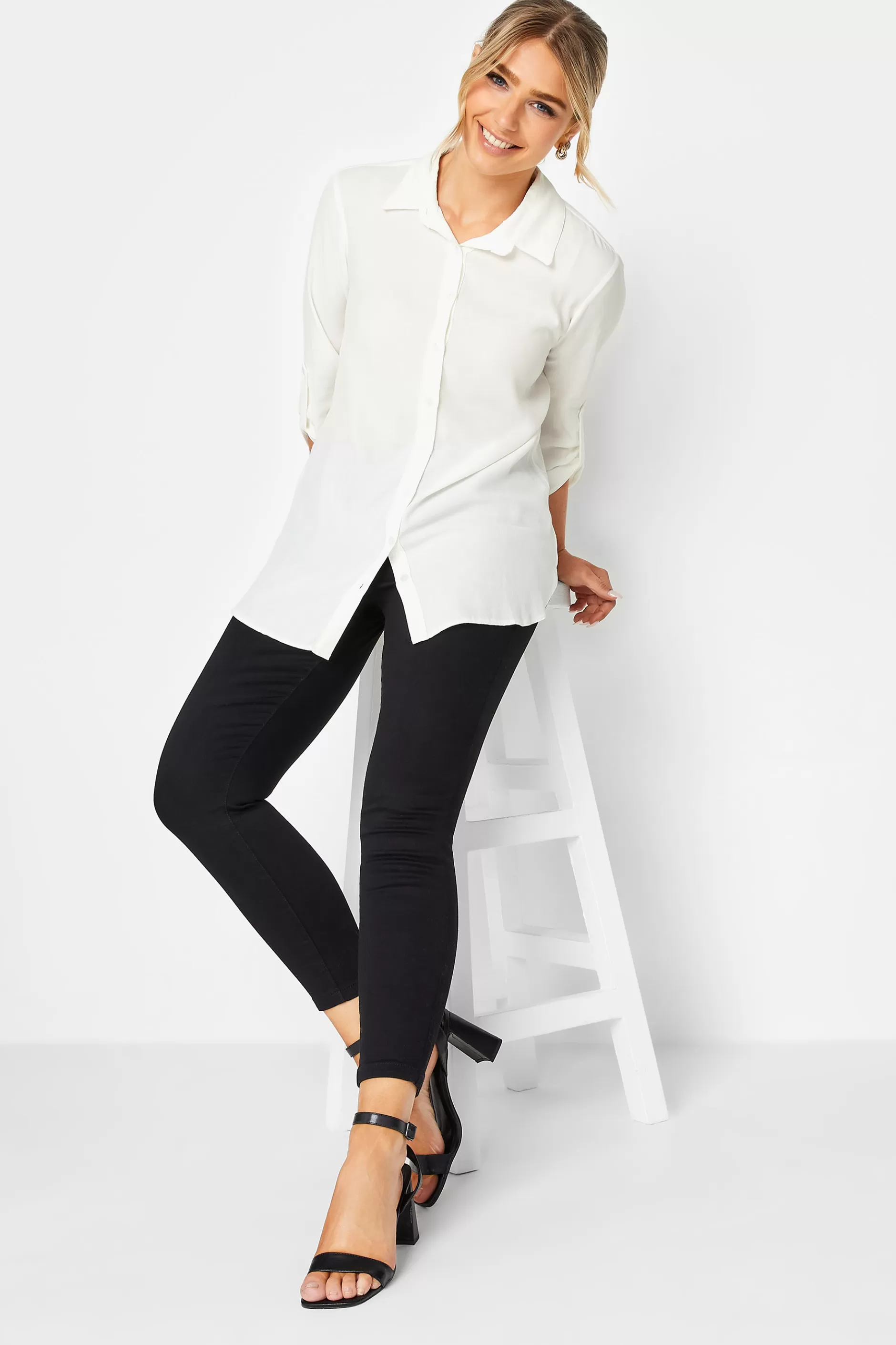 Women M&Co Shirts> Womens White Tab Sleeve Shirt