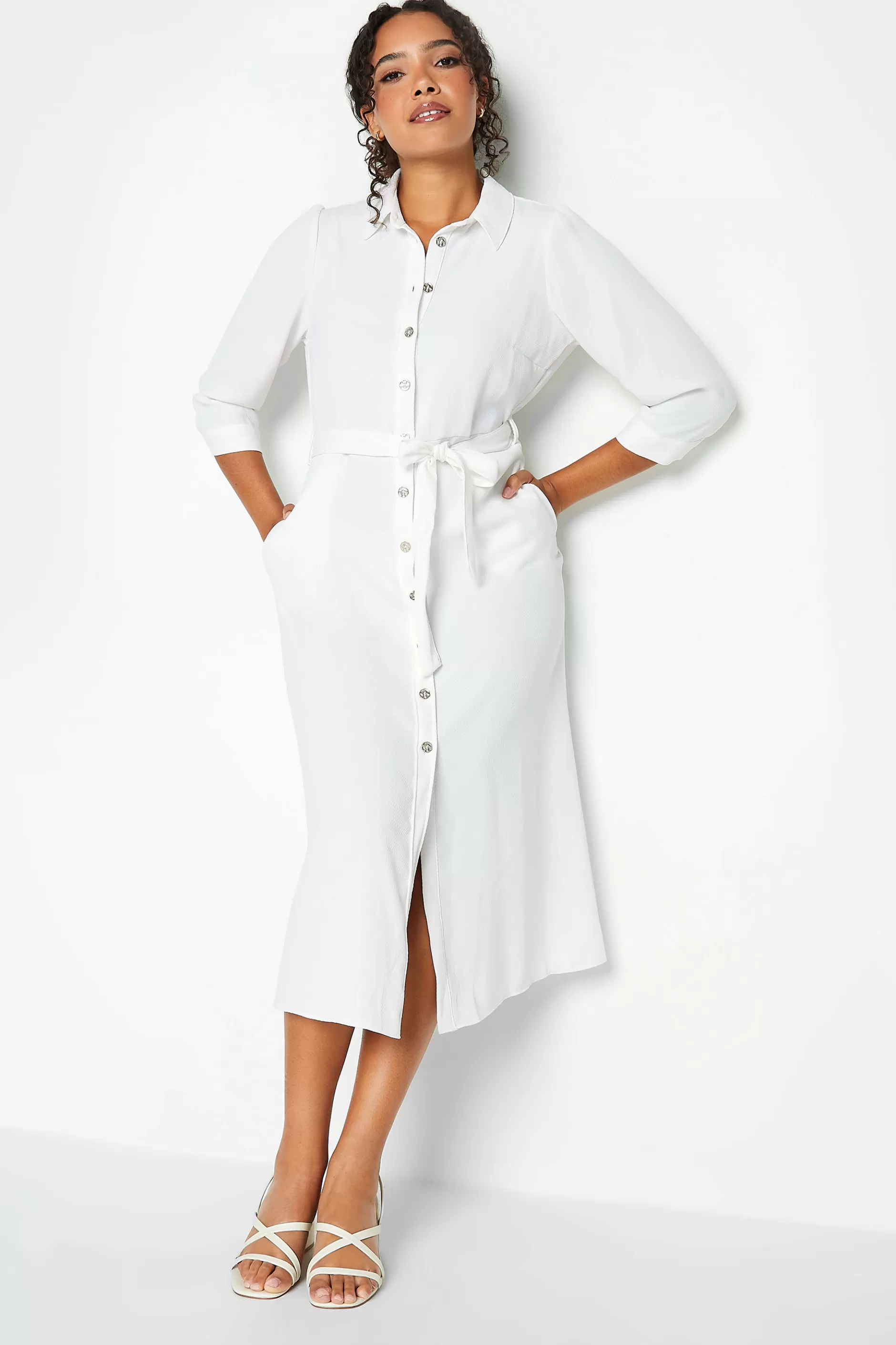 Women M&Co Shirt Dresses> Womens White Tie Waist Shirt Dress