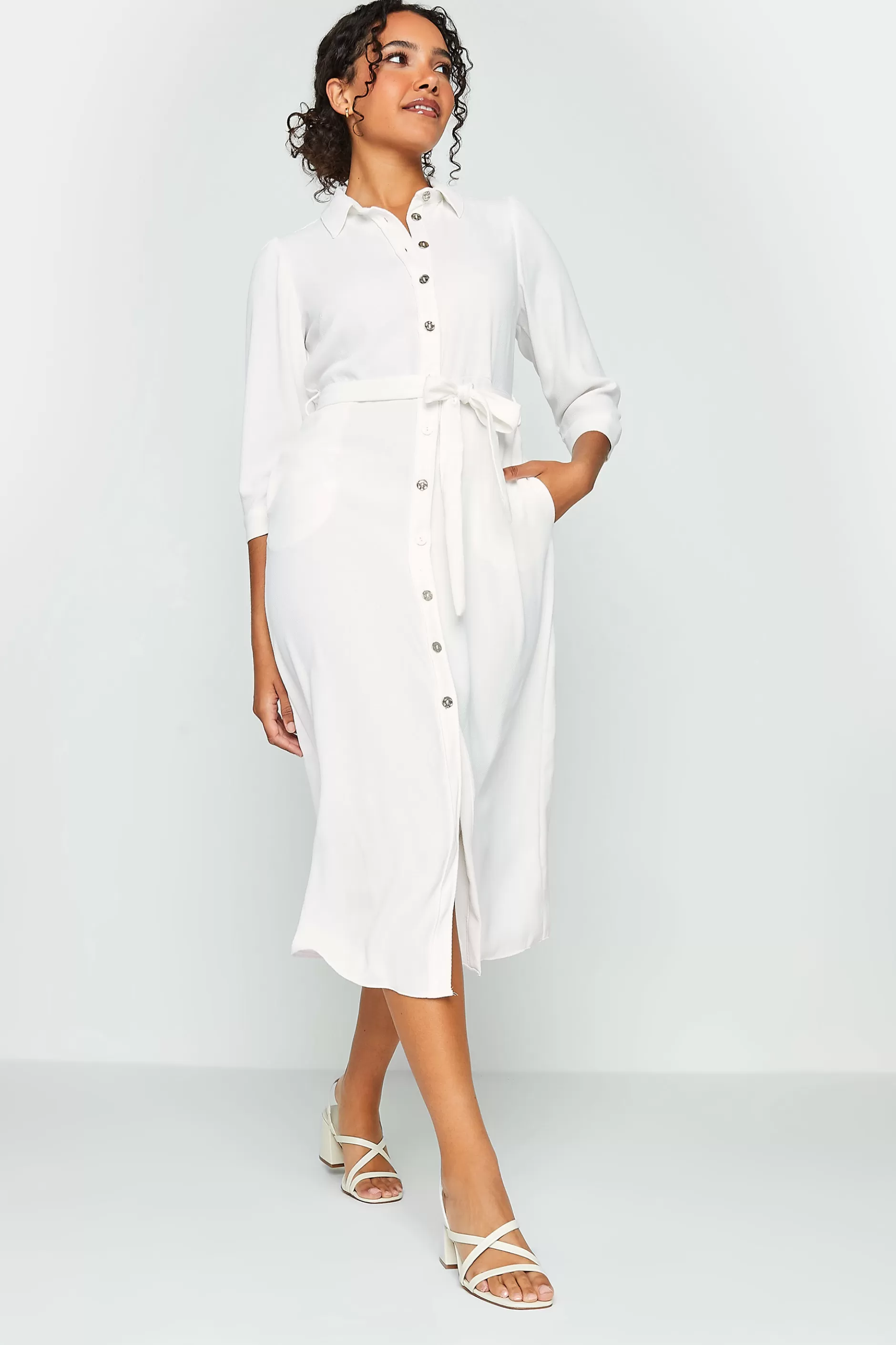 Women M&Co Shirt Dresses> Womens White Tie Waist Shirt Dress