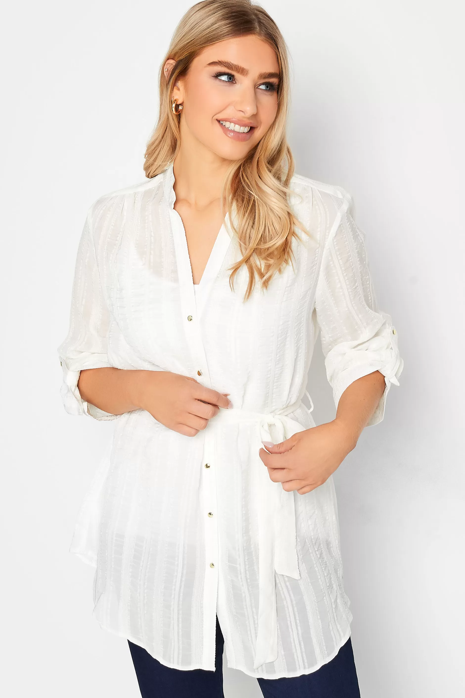 Women M&Co Shirts> Womens White Tie Waist Textured Tunic Shirt