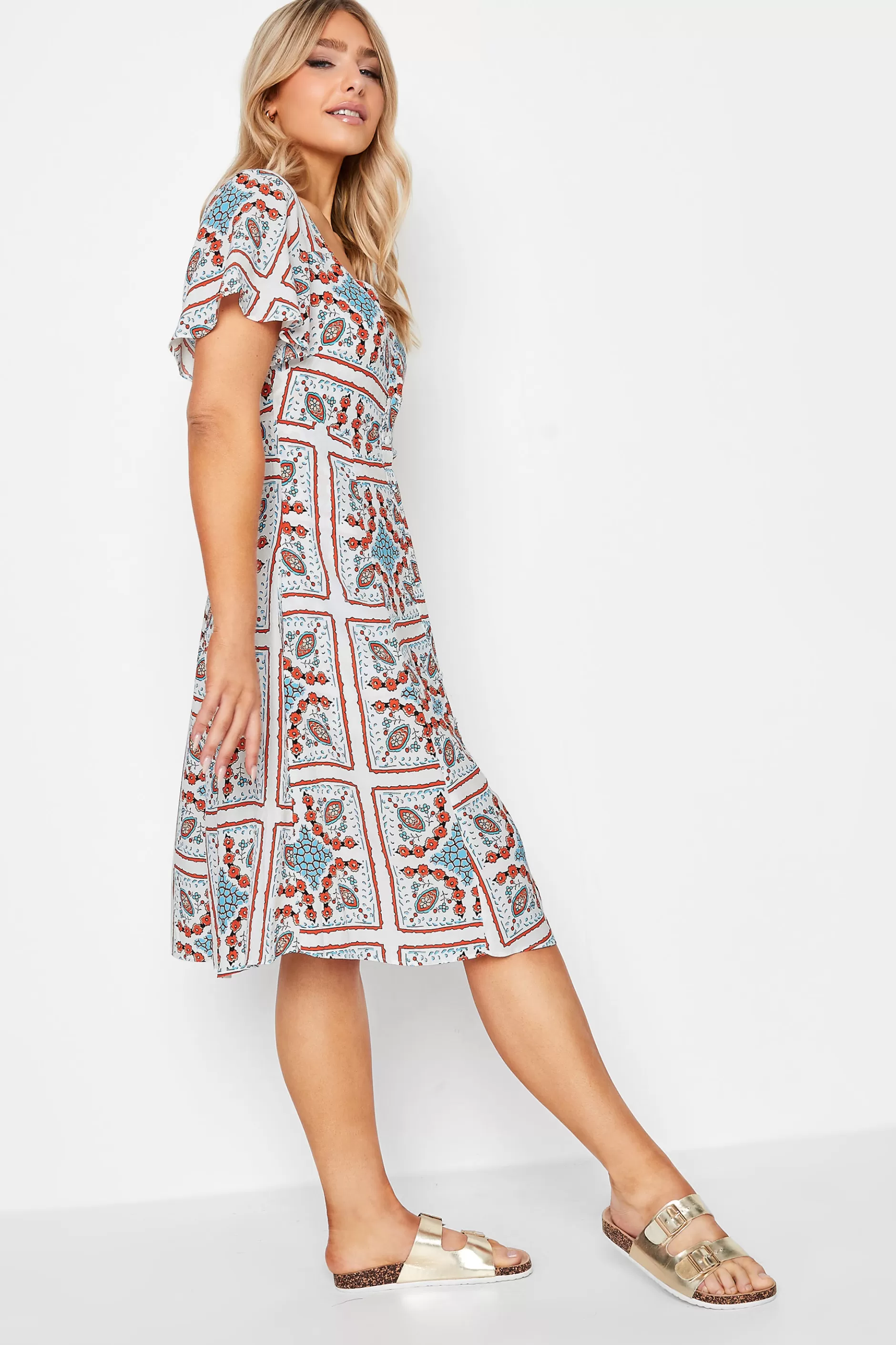 Women M&Co Midi Dresses> Womens White Tile Print Button Through Midi Dress