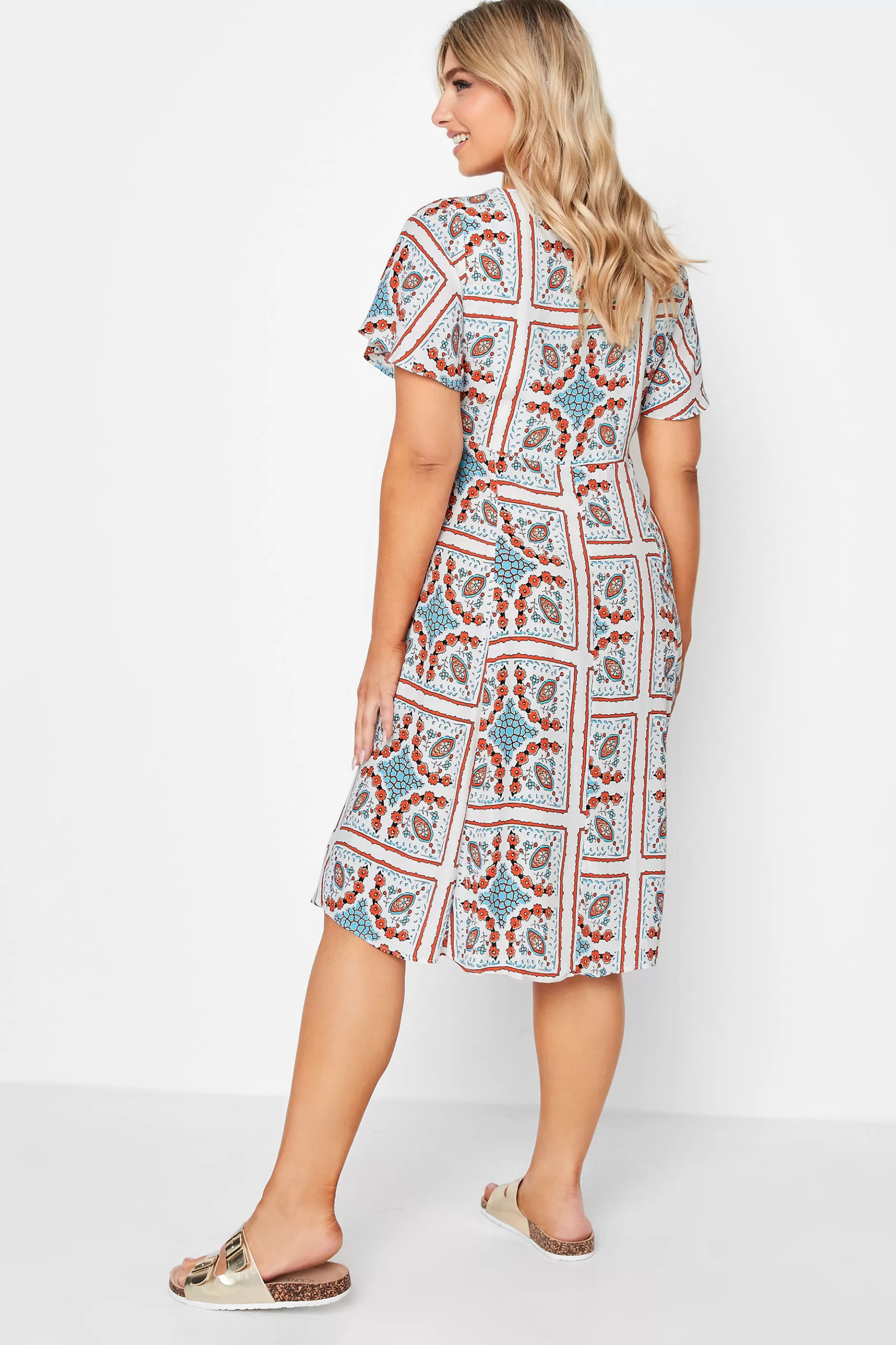 Women M&Co Midi Dresses> Womens White Tile Print Button Through Midi Dress