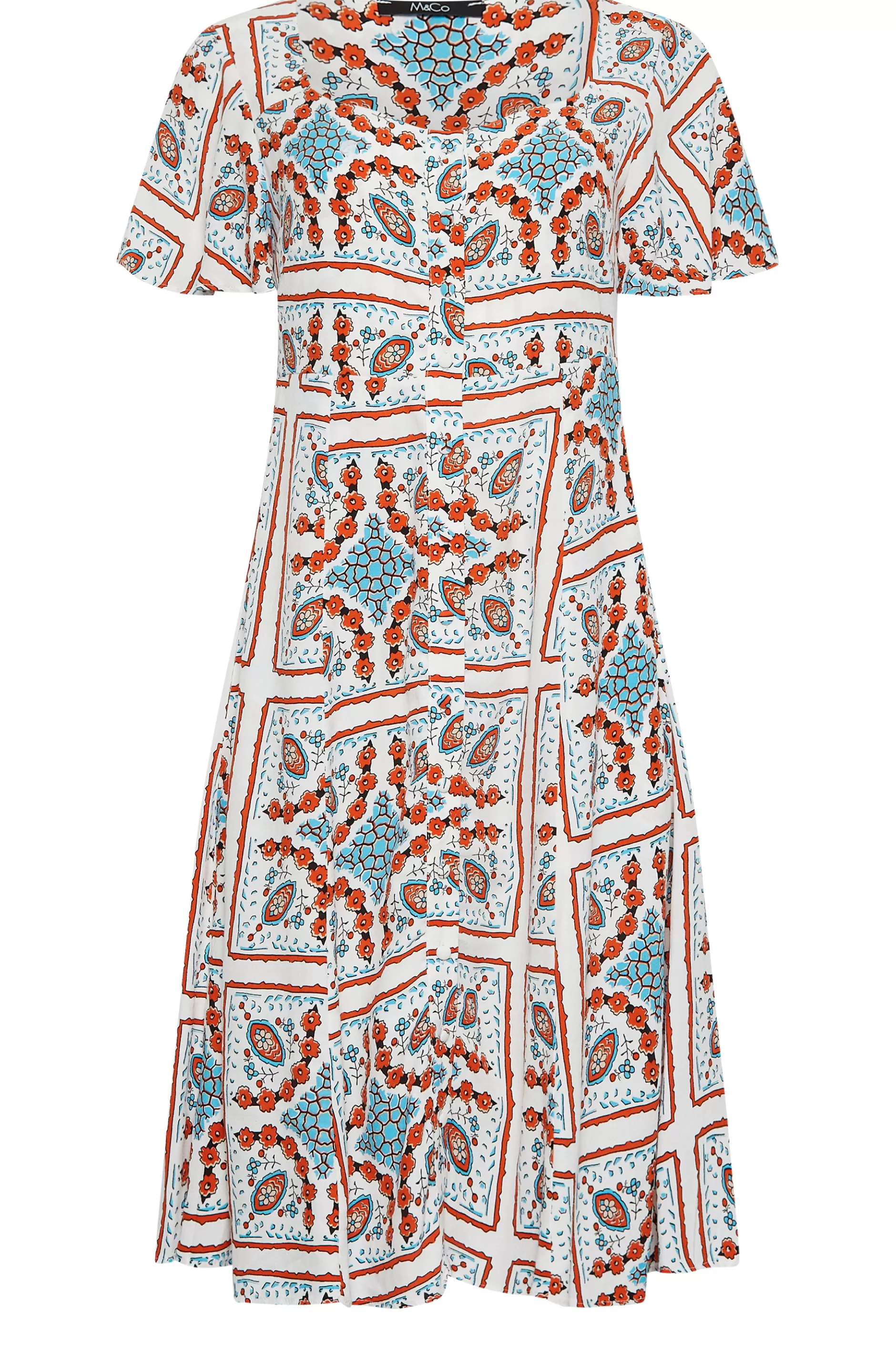 Women M&Co Midi Dresses> Womens White Tile Print Button Through Midi Dress