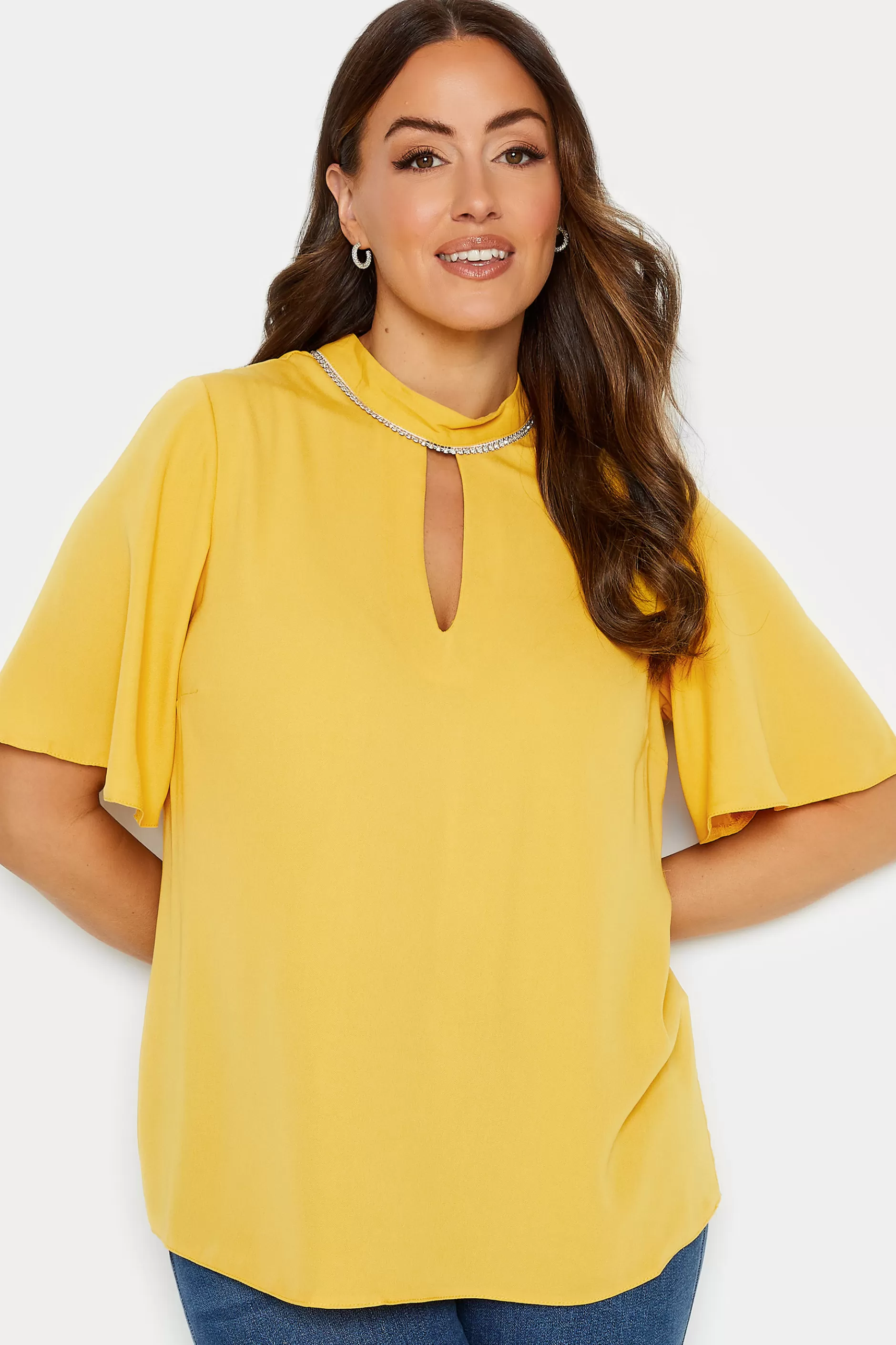 Women M&Co Short Sleeve Tops> Womens Yellow Embellished Neck Keyhole Blouse