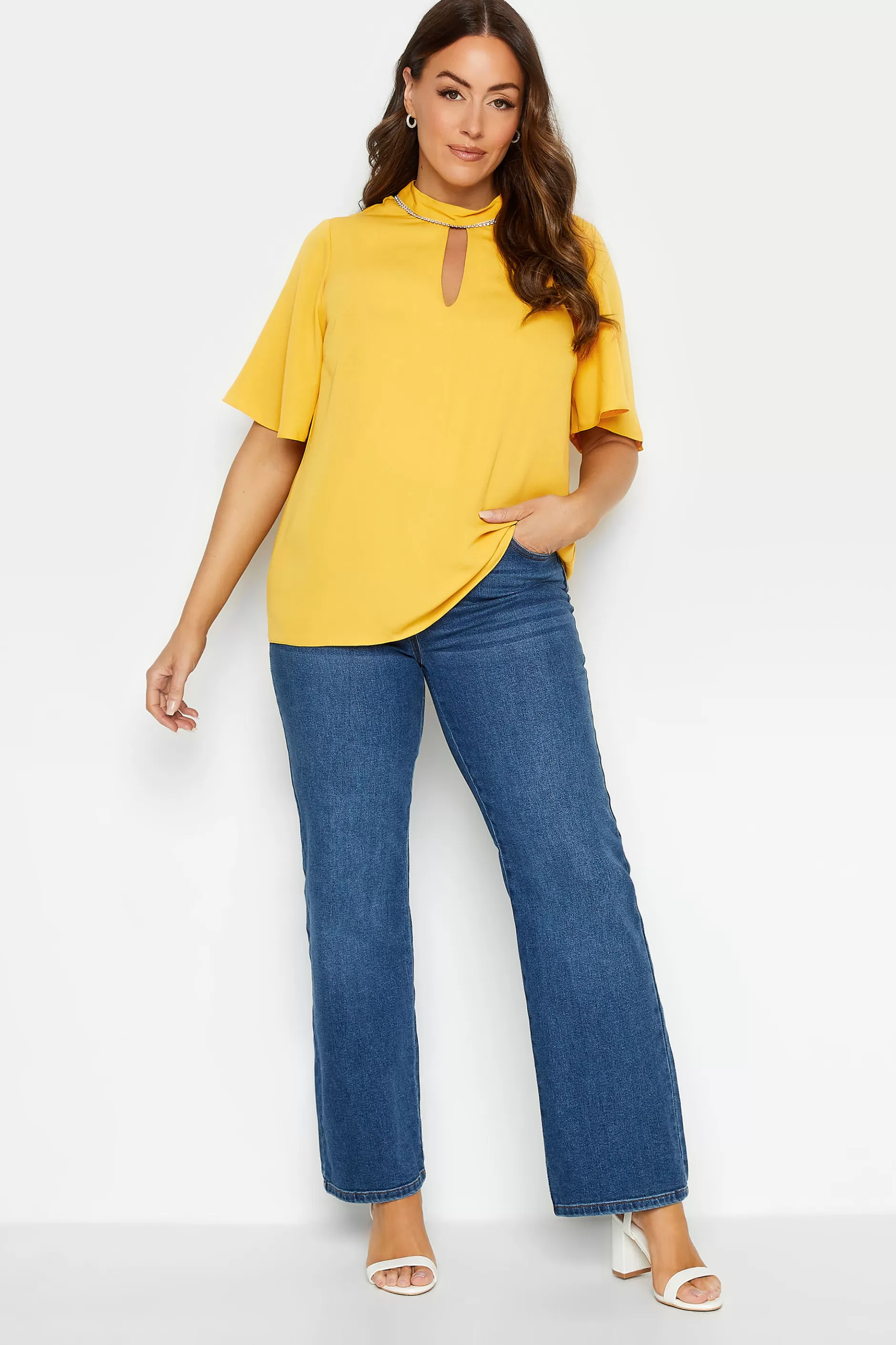 Women M&Co Short Sleeve Tops> Womens Yellow Embellished Neck Keyhole Blouse