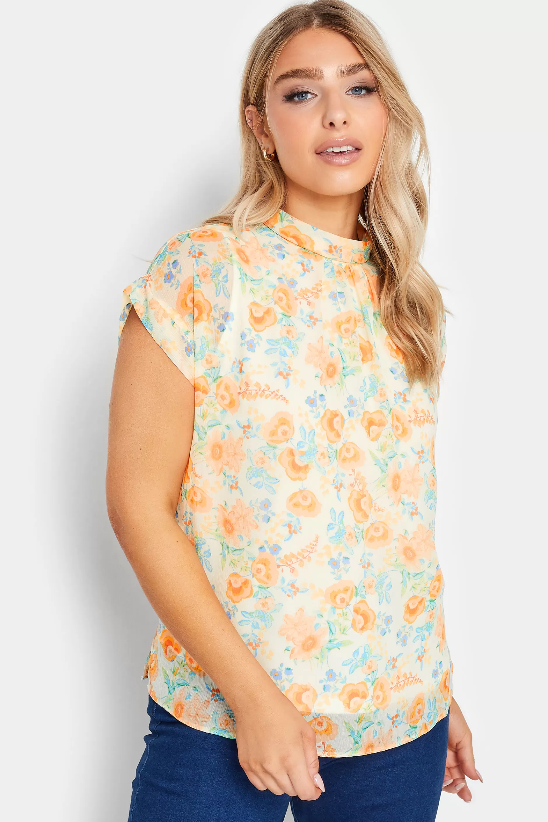 Women M&Co Short Sleeve Tops> Womens Yellow Floral Print Blouse