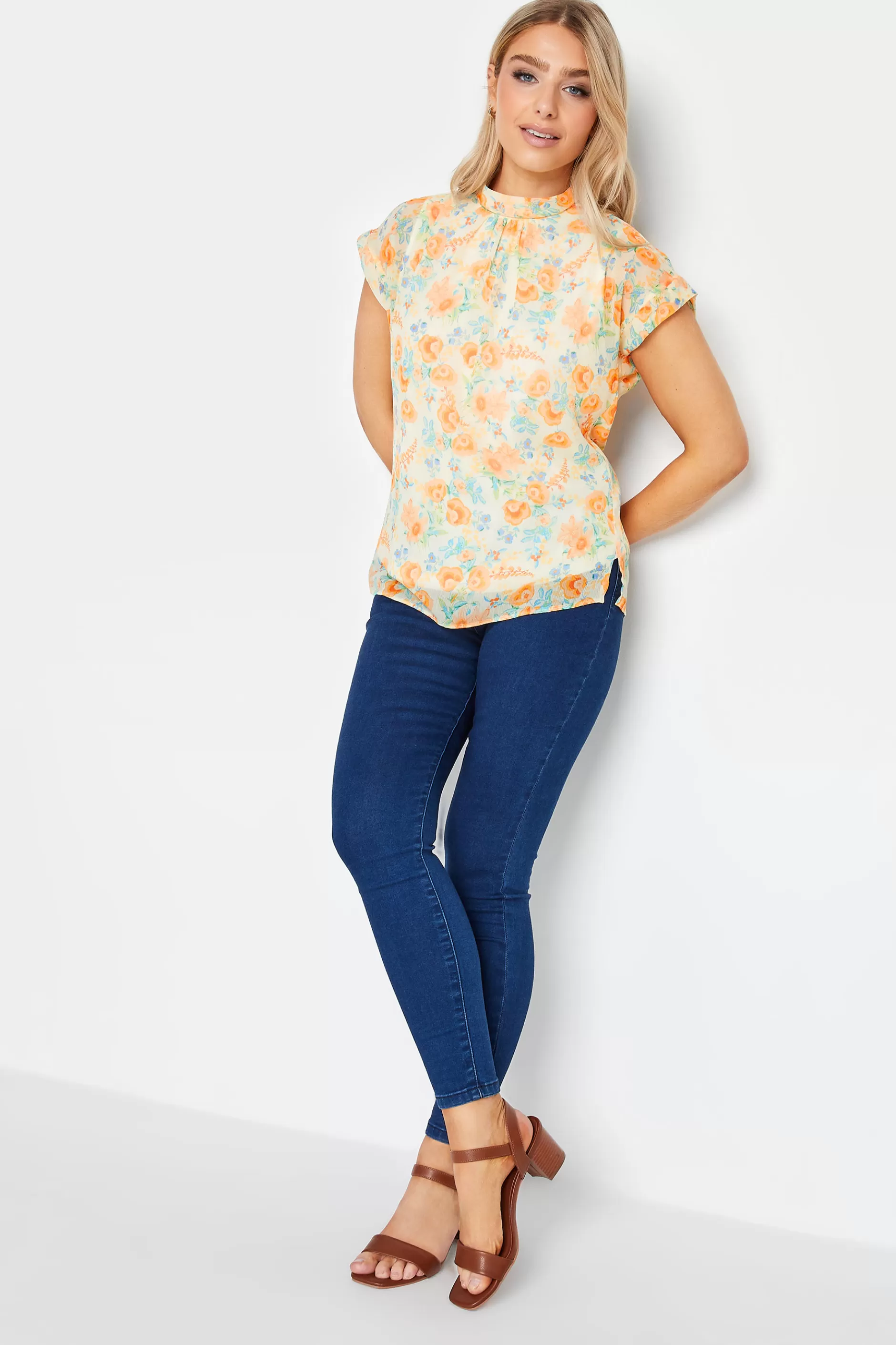 Women M&Co Short Sleeve Tops> Womens Yellow Floral Print Blouse