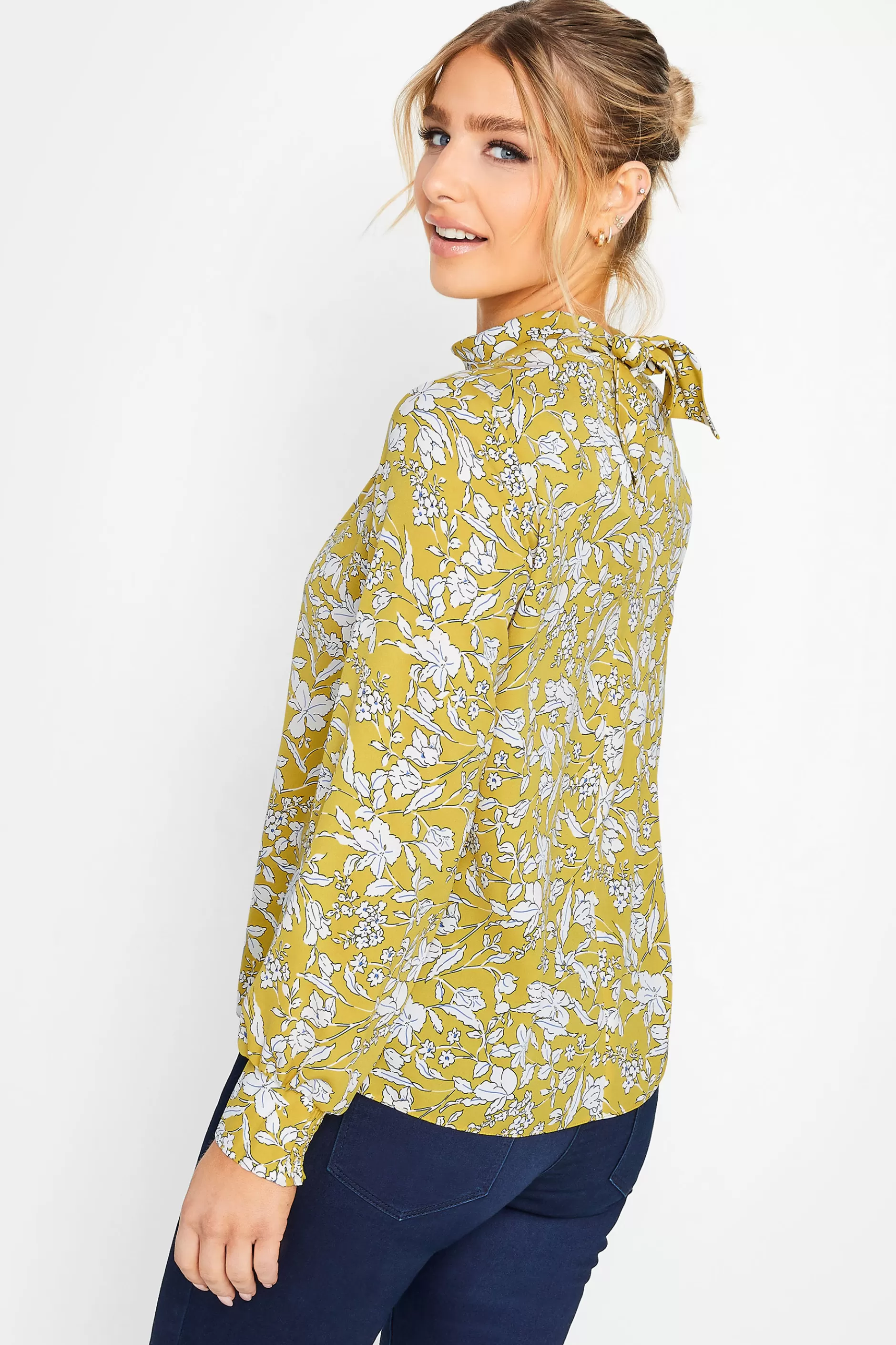 Women M&Co Long Sleeve Tops> Womens Yellow Floral Print High Neck Blouse