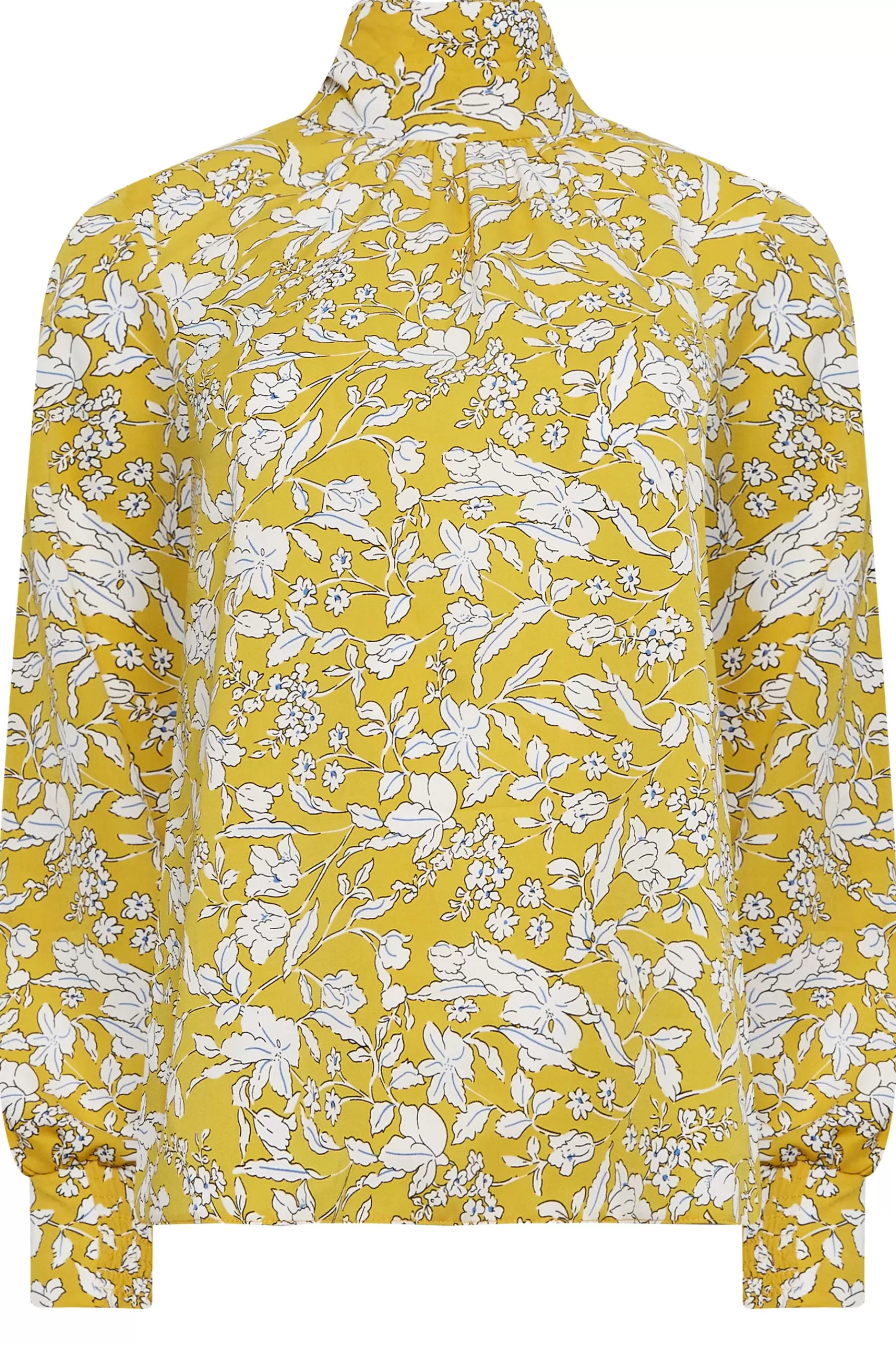 Women M&Co Long Sleeve Tops> Womens Yellow Floral Print High Neck Blouse