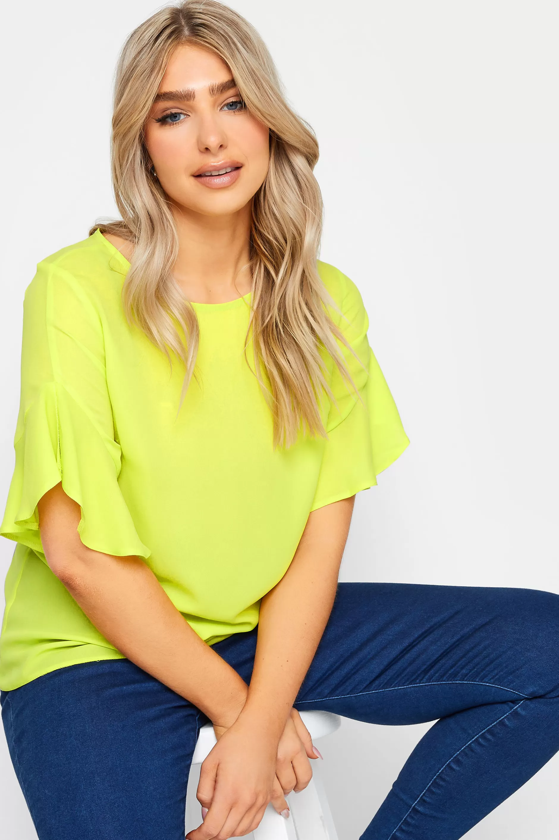 Women M&Co Short Sleeve Tops> Womens Yellow Frill Sleeve Blouse