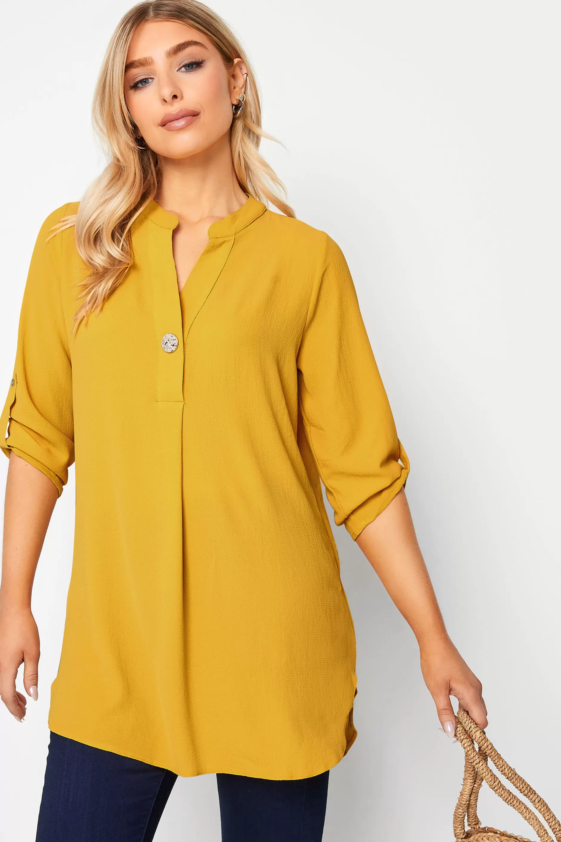 Women M&Co Shirts> Womens Yellow Long Sleeve Button Blouse