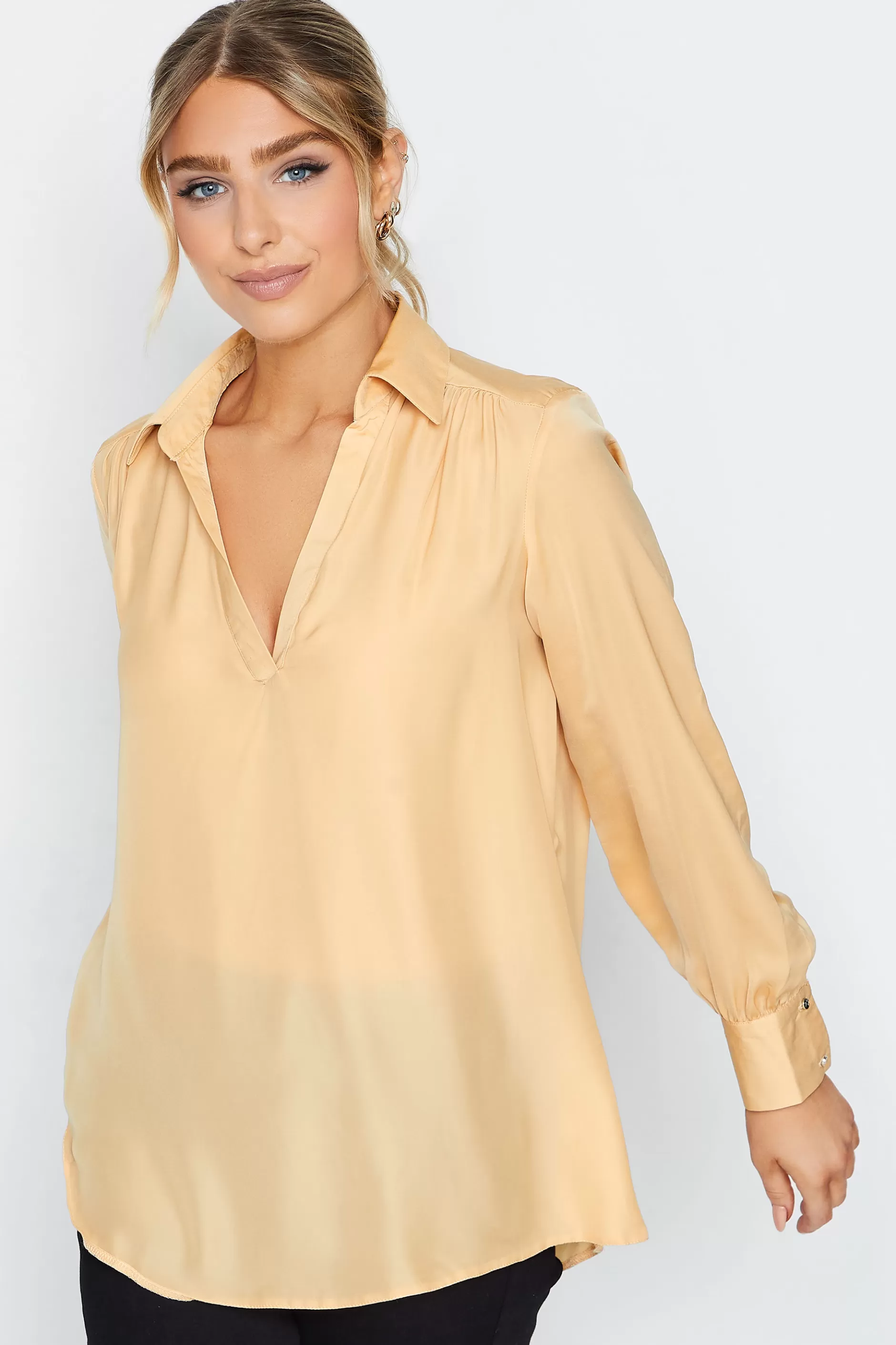 Women M&Co Shirts> Womens Yellow Satin V-Neck Blouse