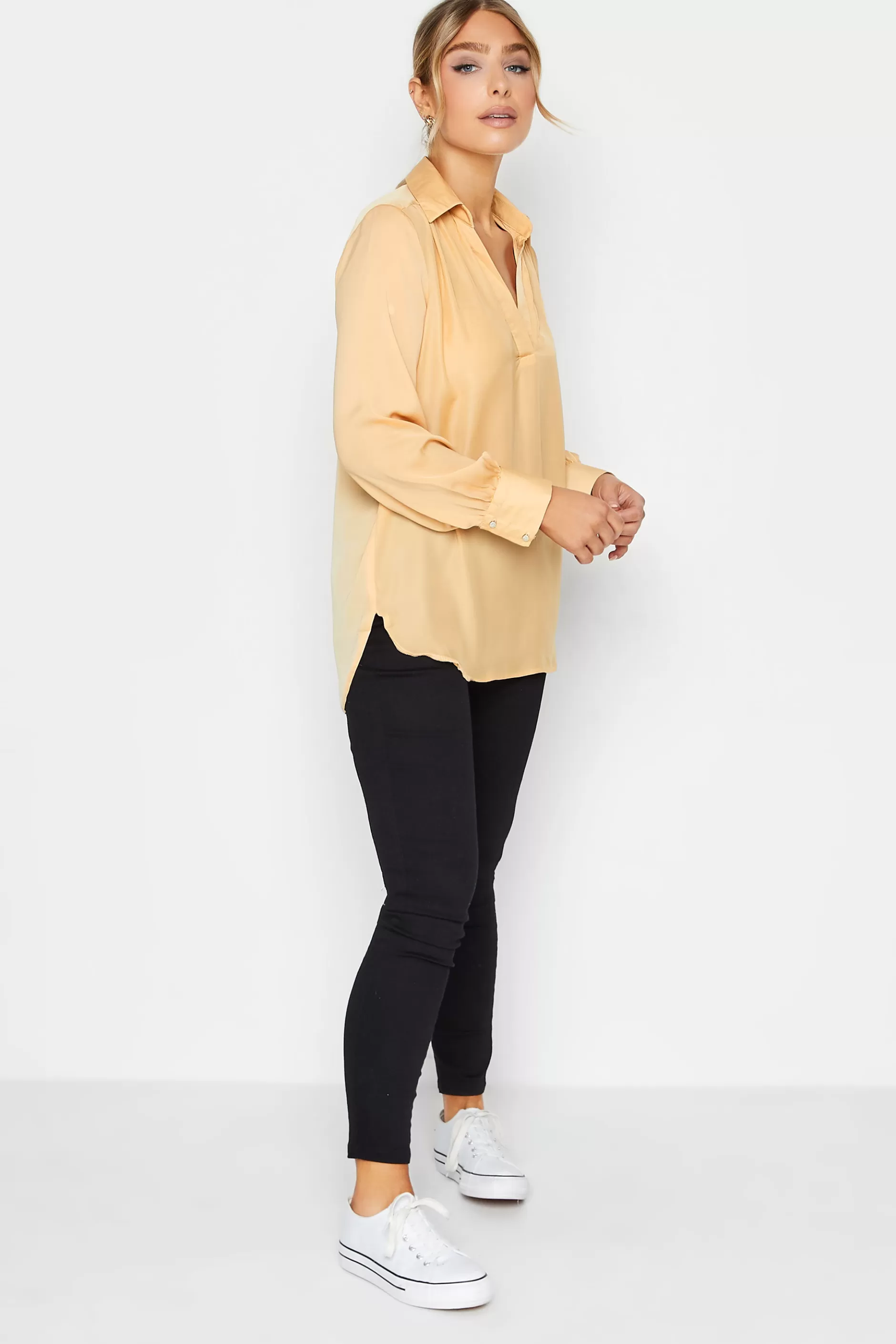 Women M&Co Shirts> Womens Yellow Satin V-Neck Blouse