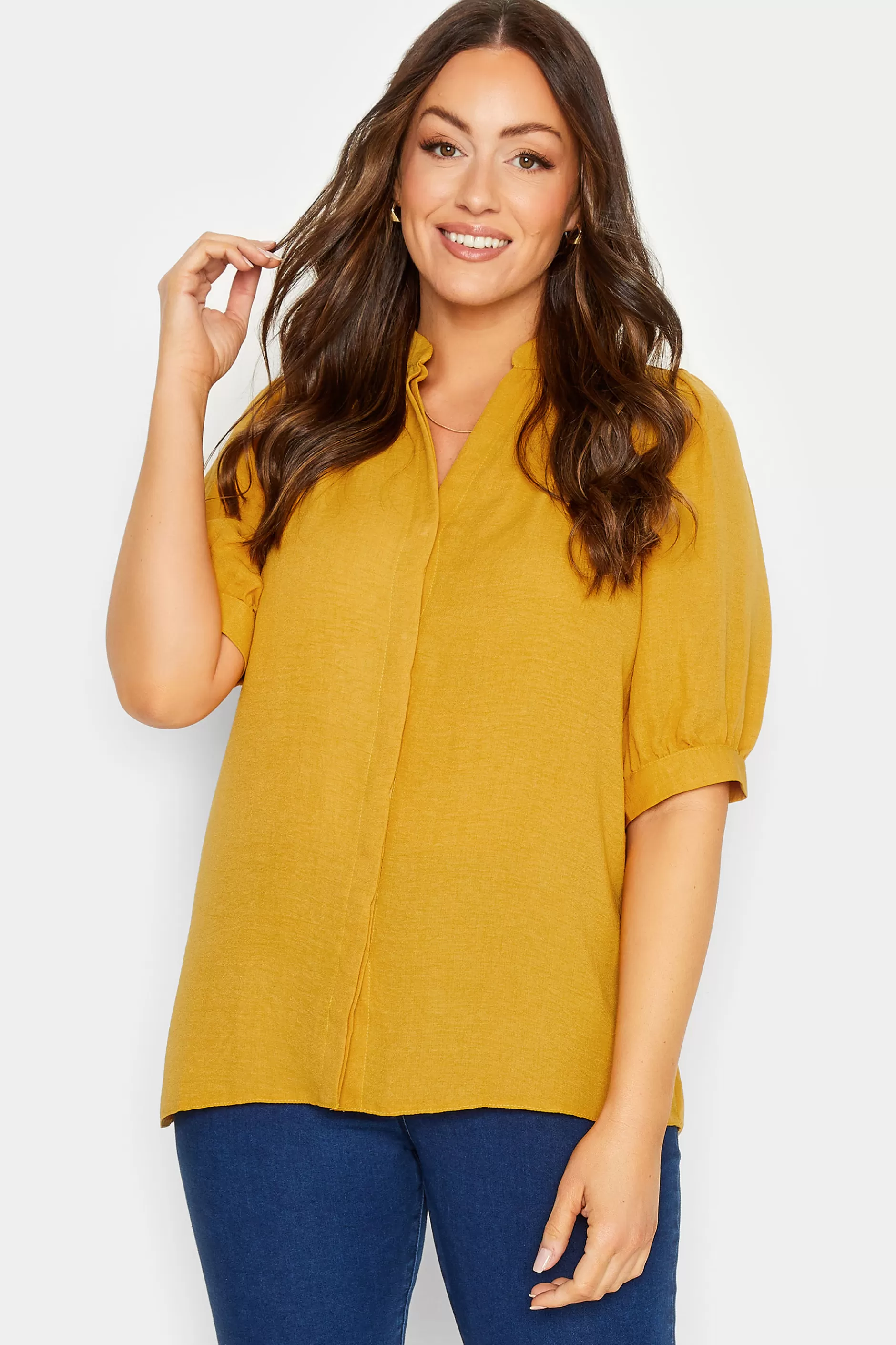 Women M&Co Shirts> Womens Yellow Short Sleeve Blouse