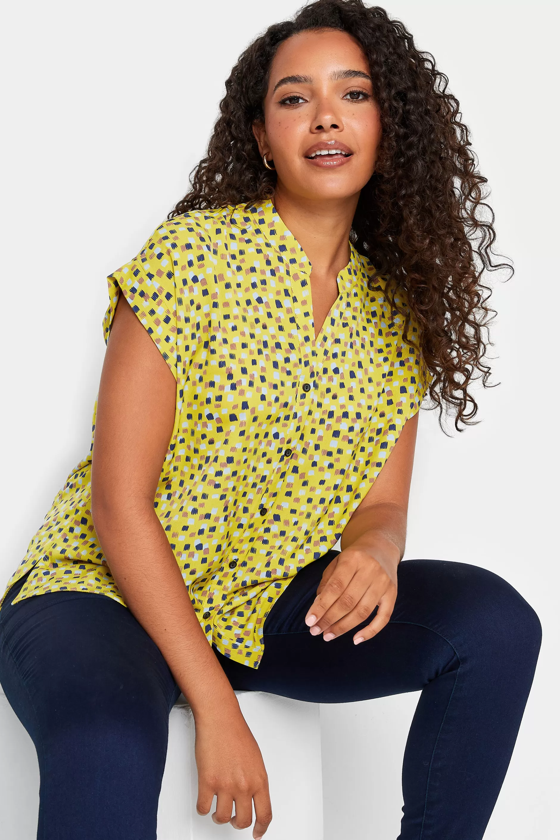 Women M&Co Short Sleeve Tops> Womens Yellow Spot Print V-Neck Blouse