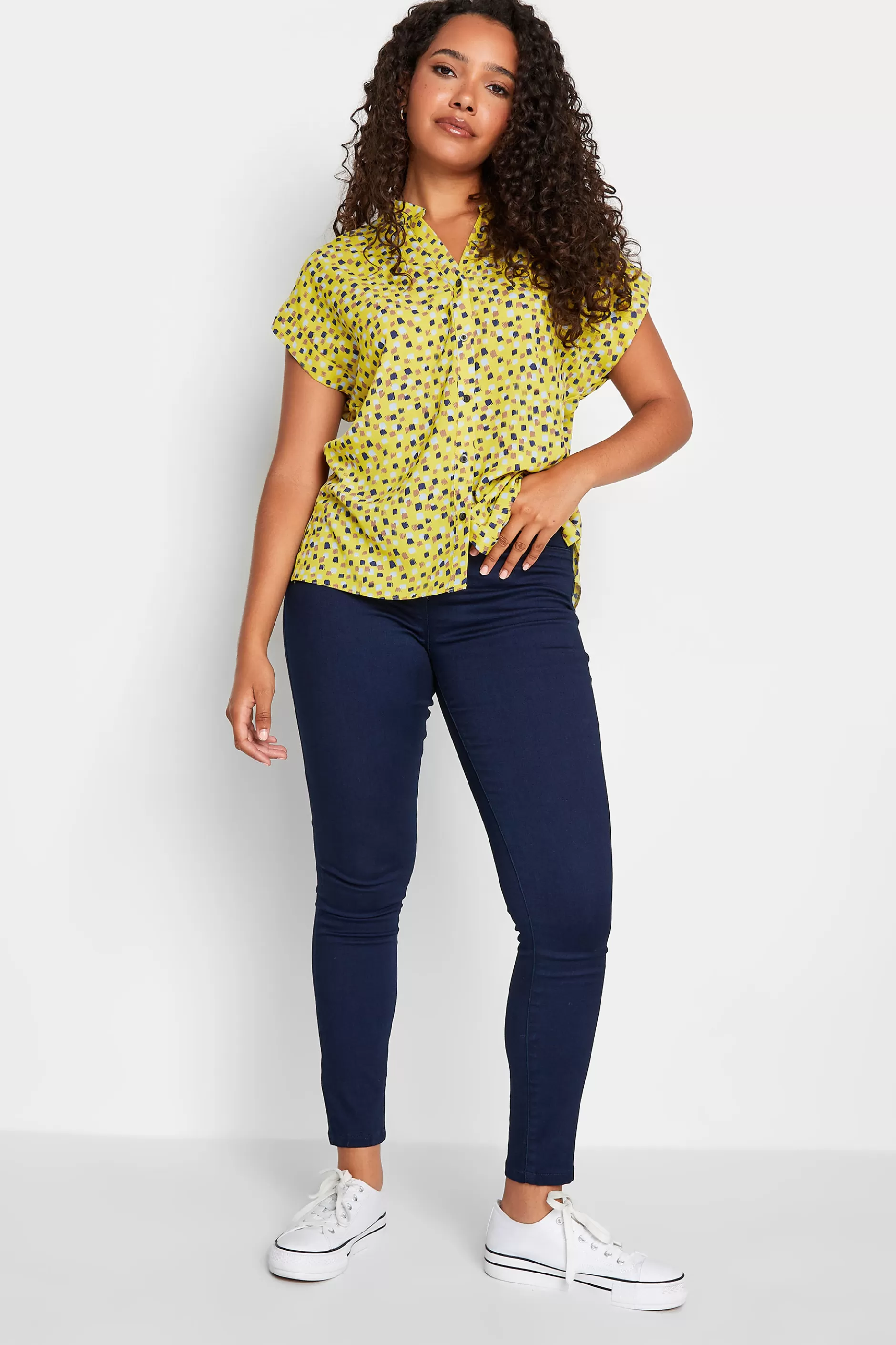 Women M&Co Short Sleeve Tops> Womens Yellow Spot Print V-Neck Blouse