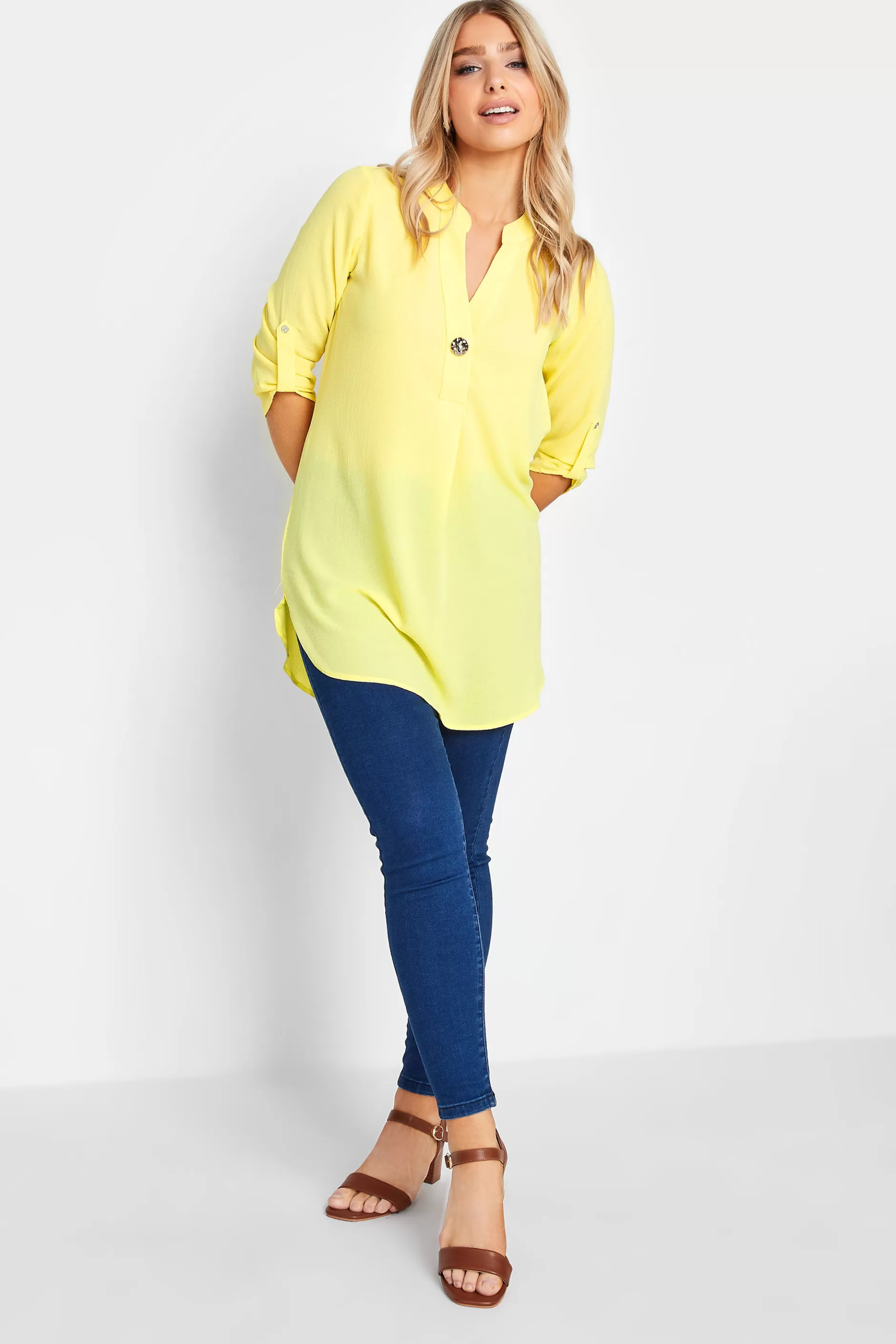 Women M&Co Shirts> Womens Yellow Statement Button Tab Sleeve Shirt