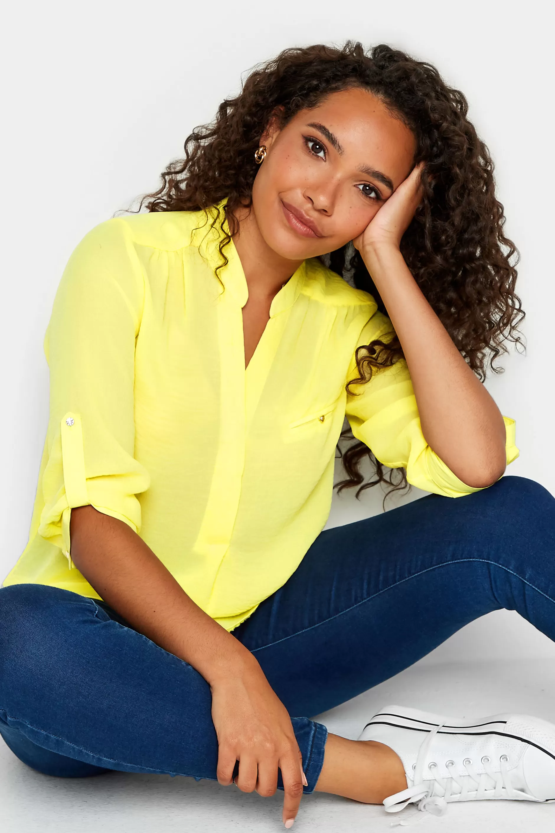 Women M&Co Shirts> Womens Yellow Tab Sleeve Blouse