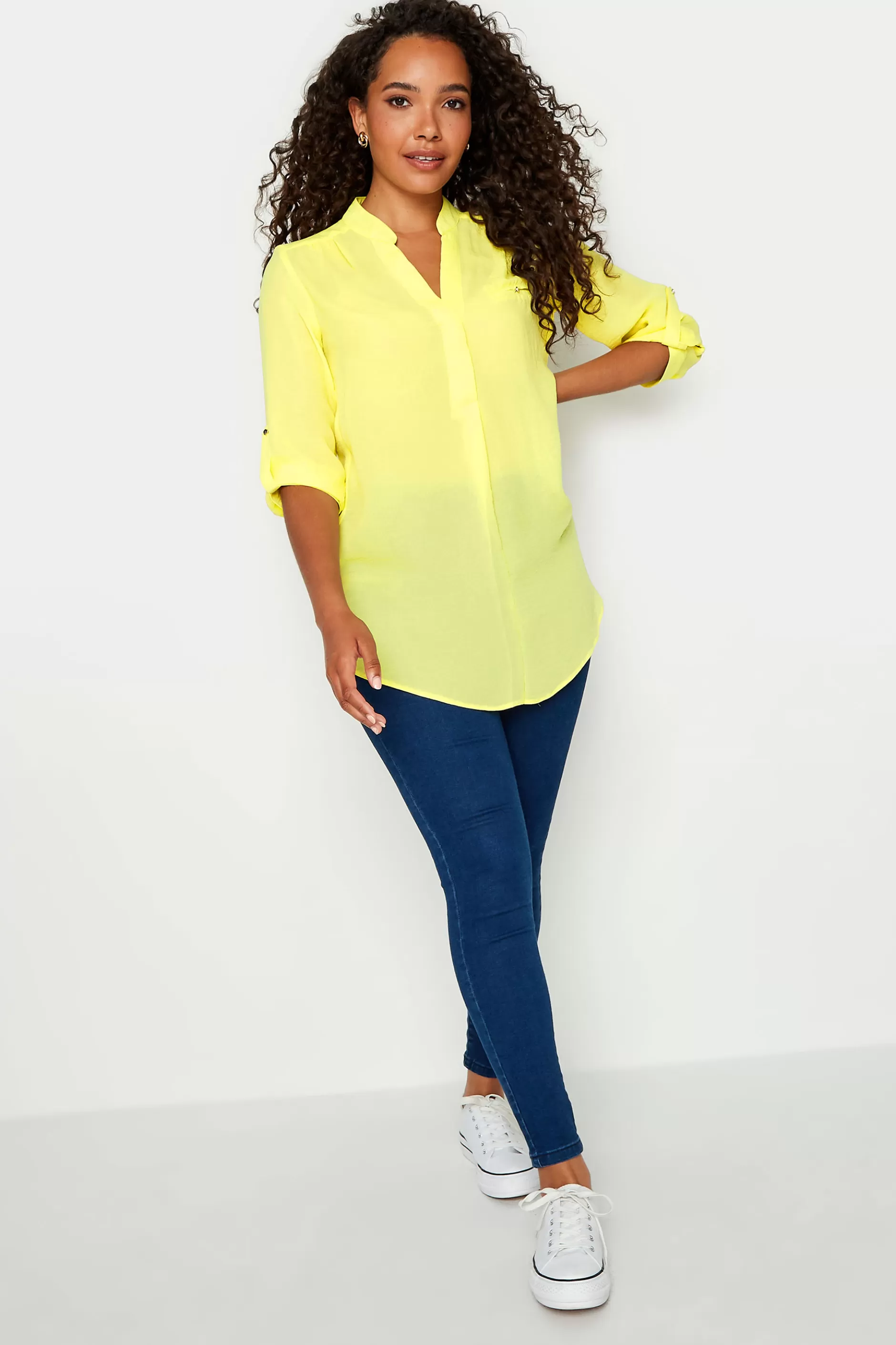 Women M&Co Shirts> Womens Yellow Tab Sleeve Blouse