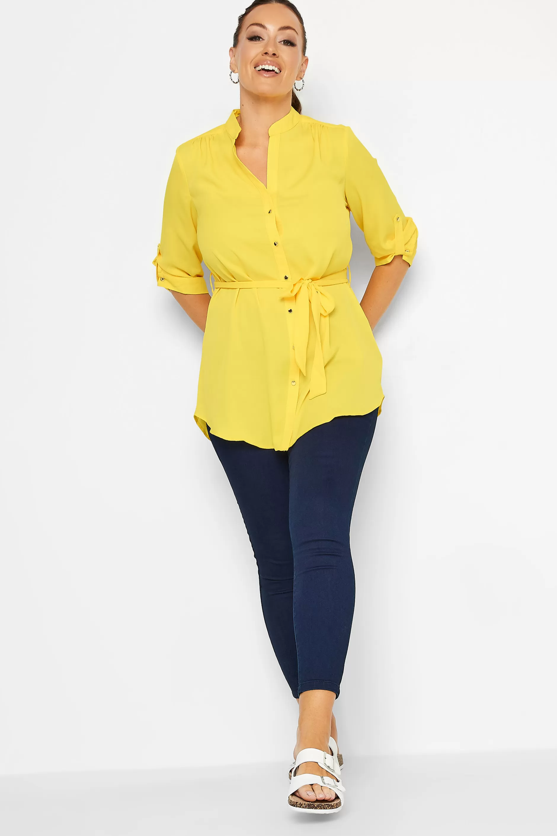 Women M&Co Shirts> Womens Yellow Tie Waist Blouse