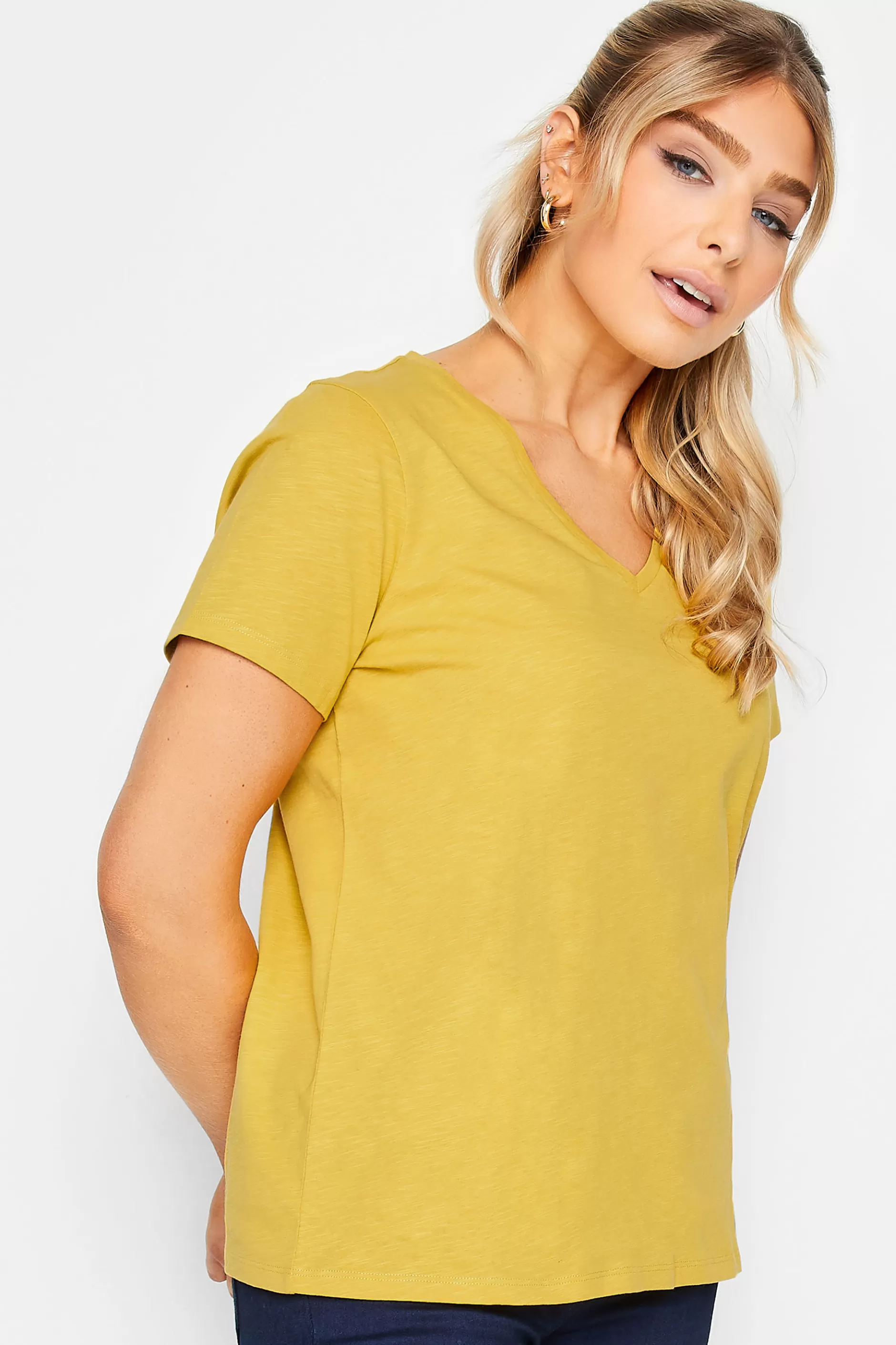 Women M&Co T-Shirts> Womens Yellow V-Neck Cotton T-Shirt