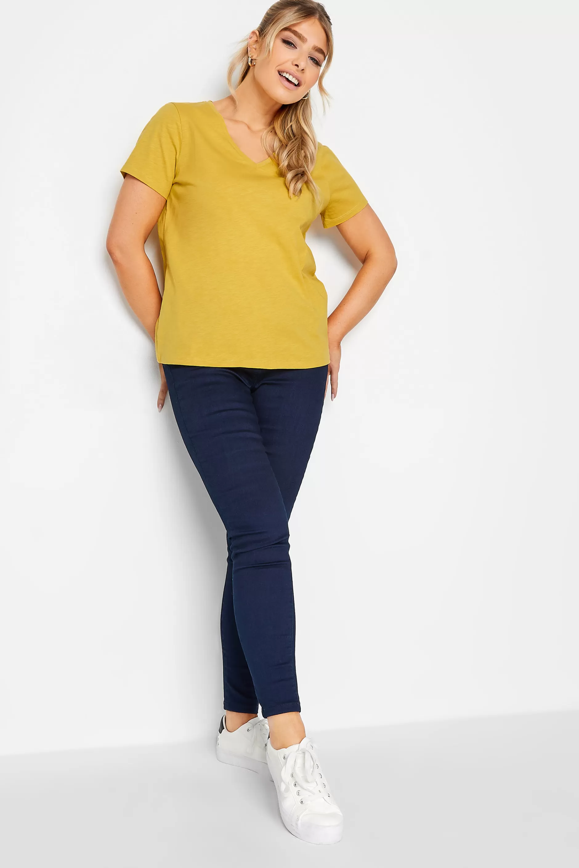 Women M&Co T-Shirts> Womens Yellow V-Neck Cotton T-Shirt