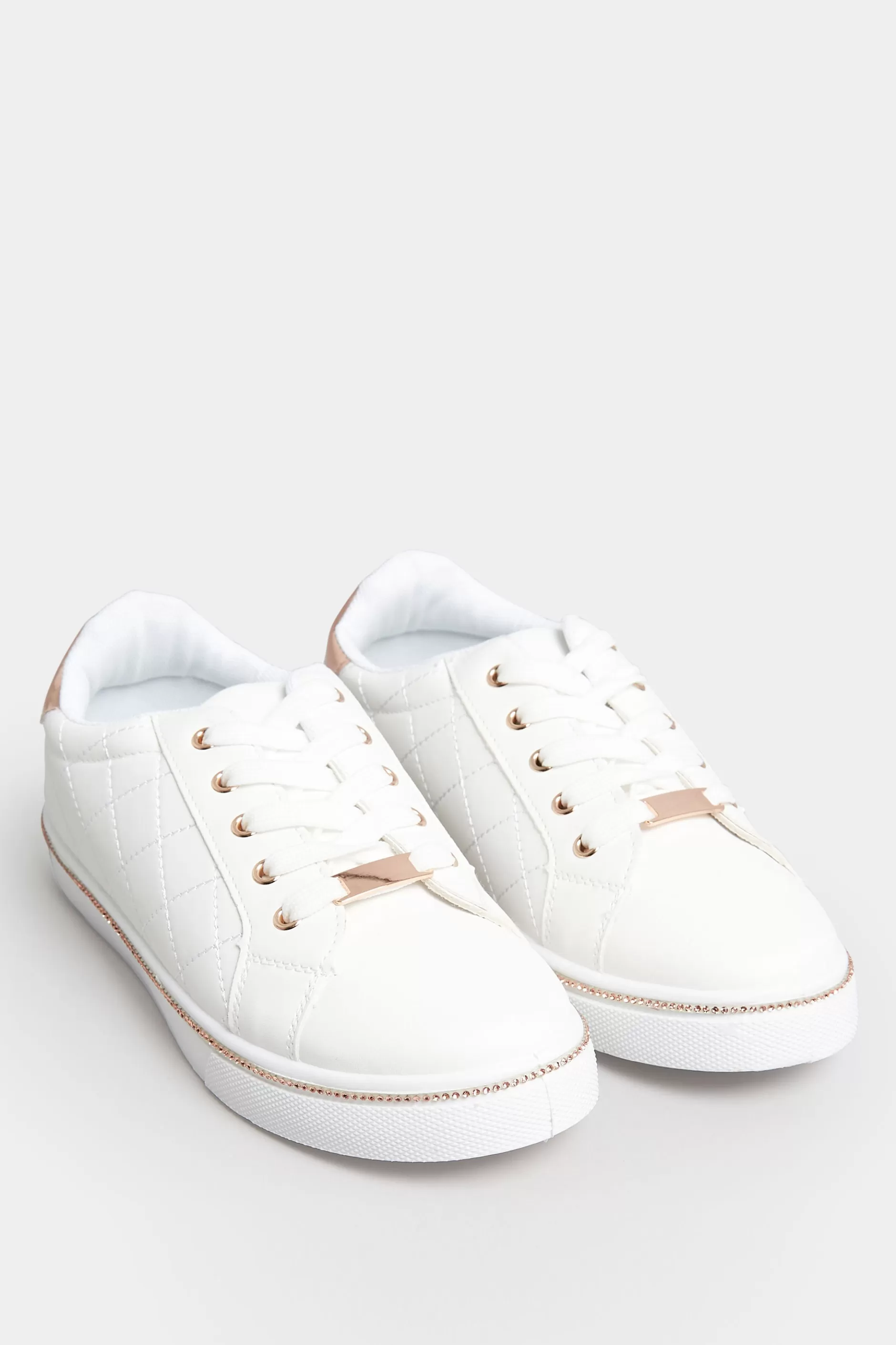 Women M&Co Trainers>Pixiegirl Pixiegirl White & Rose Gold Quilted Diamante Trainers In Standard Fit