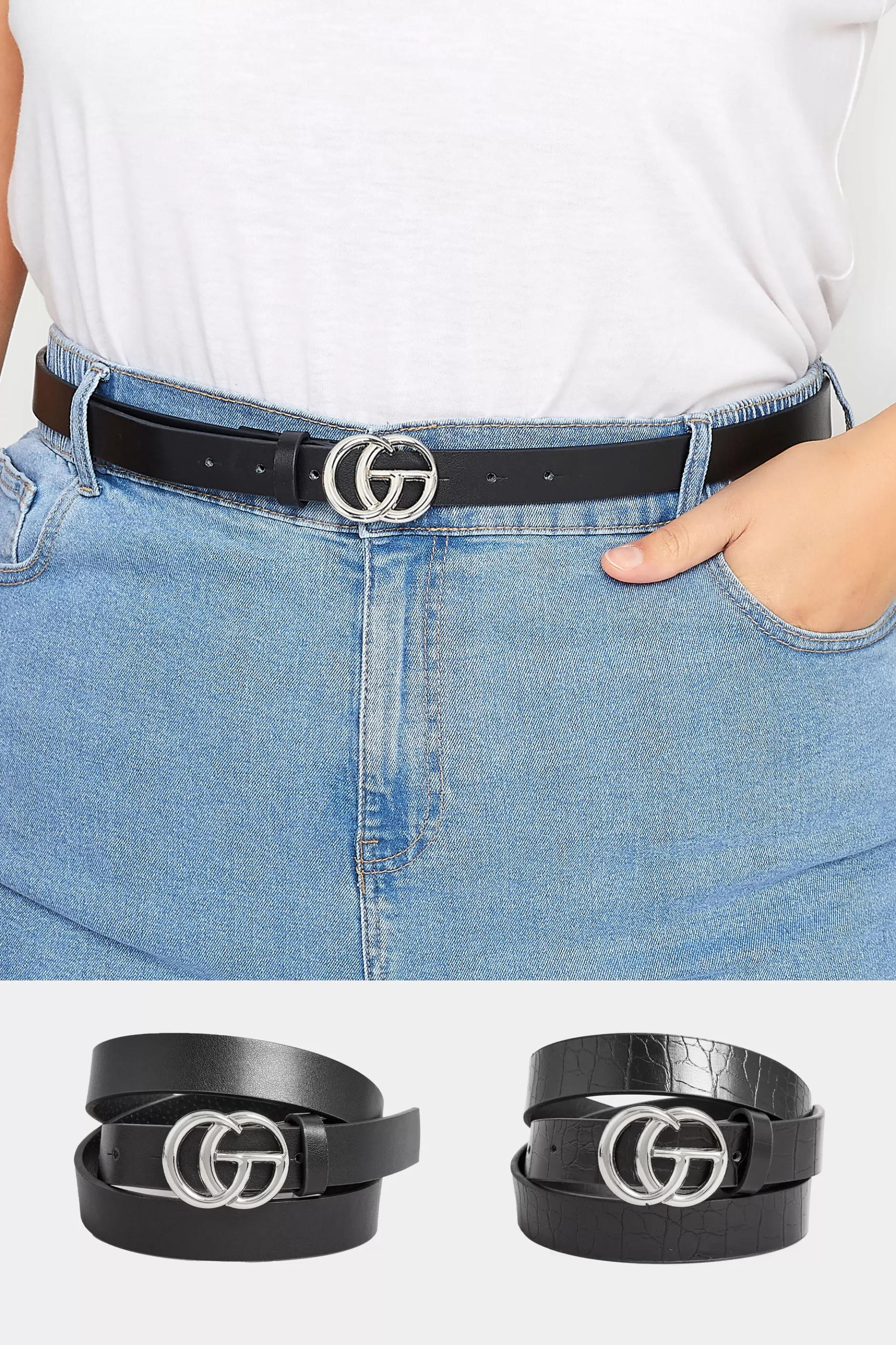 Women M&Co Belts>Yours Yours 2 Pack Black & Croc Print Initial Logo Belts