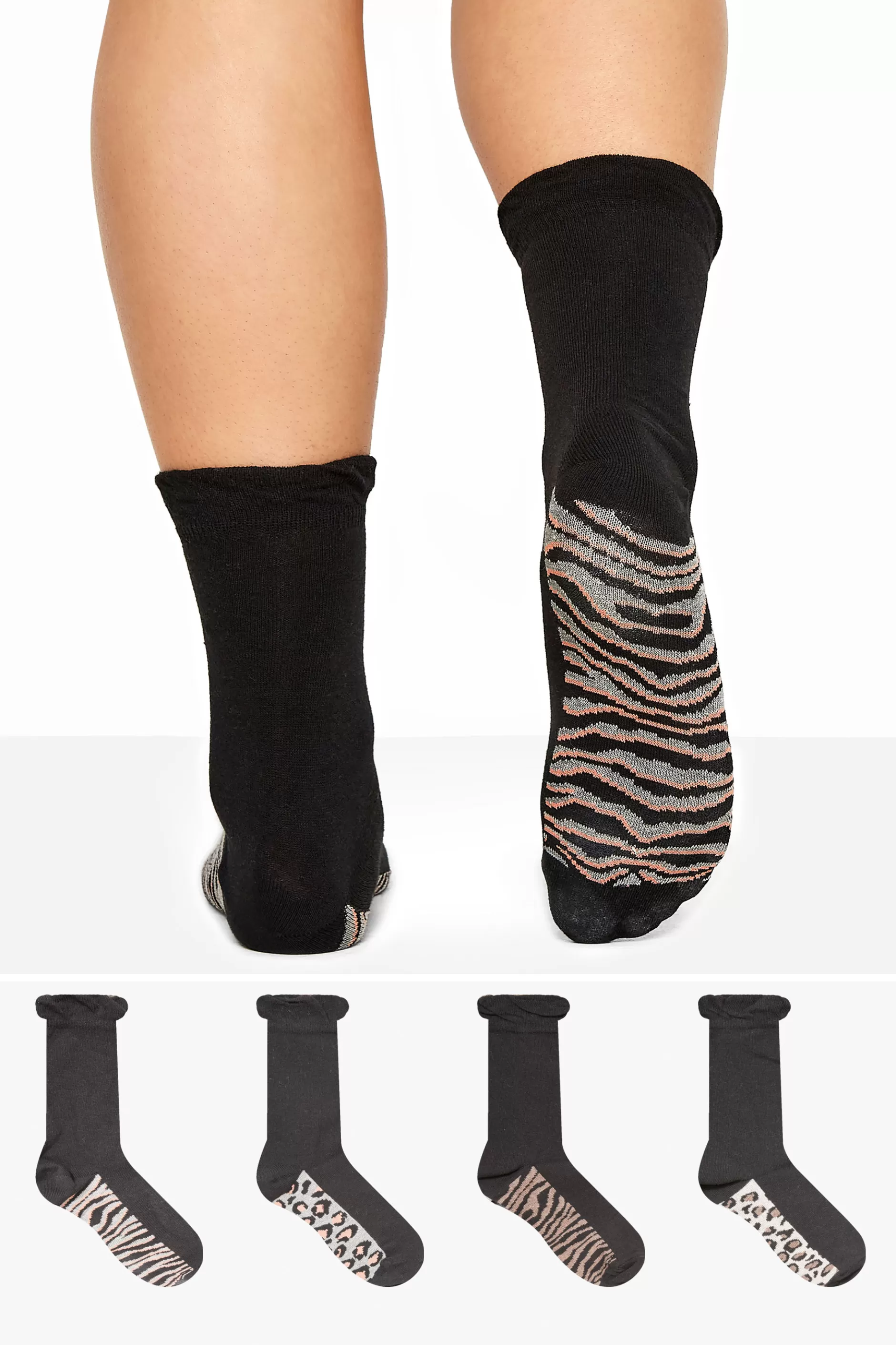 Women M&Co Socks>Yours Yours 4 Pack Black Animal Print Footbed Socks