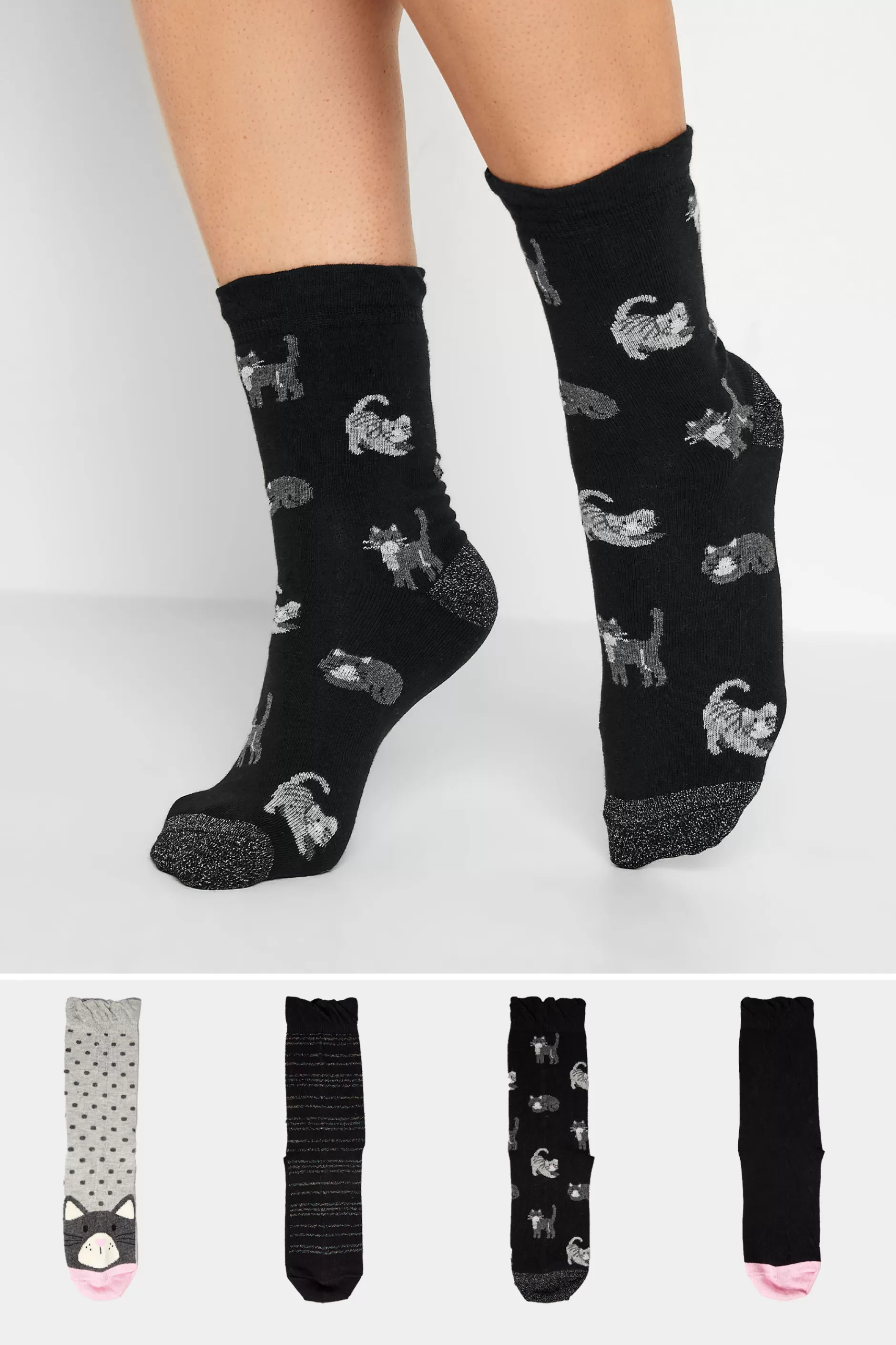 Women M&Co Socks>Yours Yours 4 Pack Black Cat Print Ankle Socks