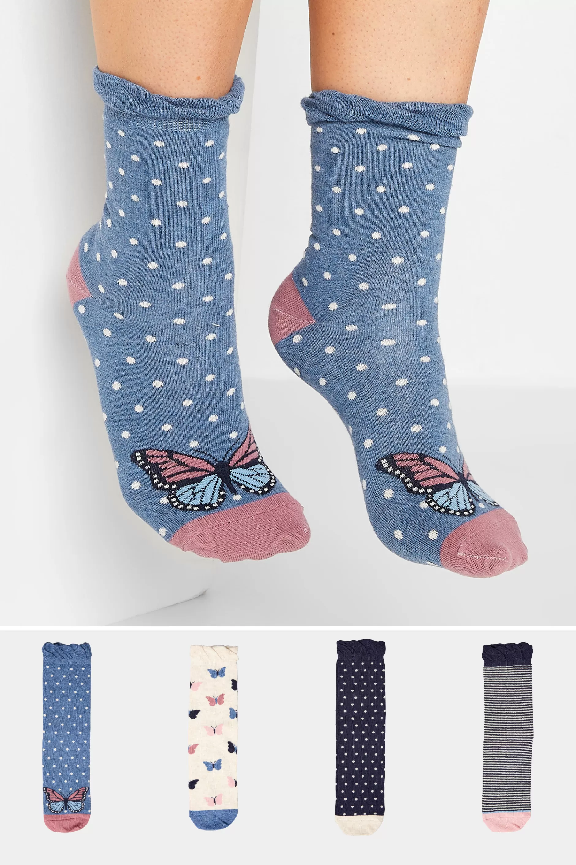 Women M&Co Socks>Yours Yours 4 Pack Blue Butterfly Print Ankle Socks