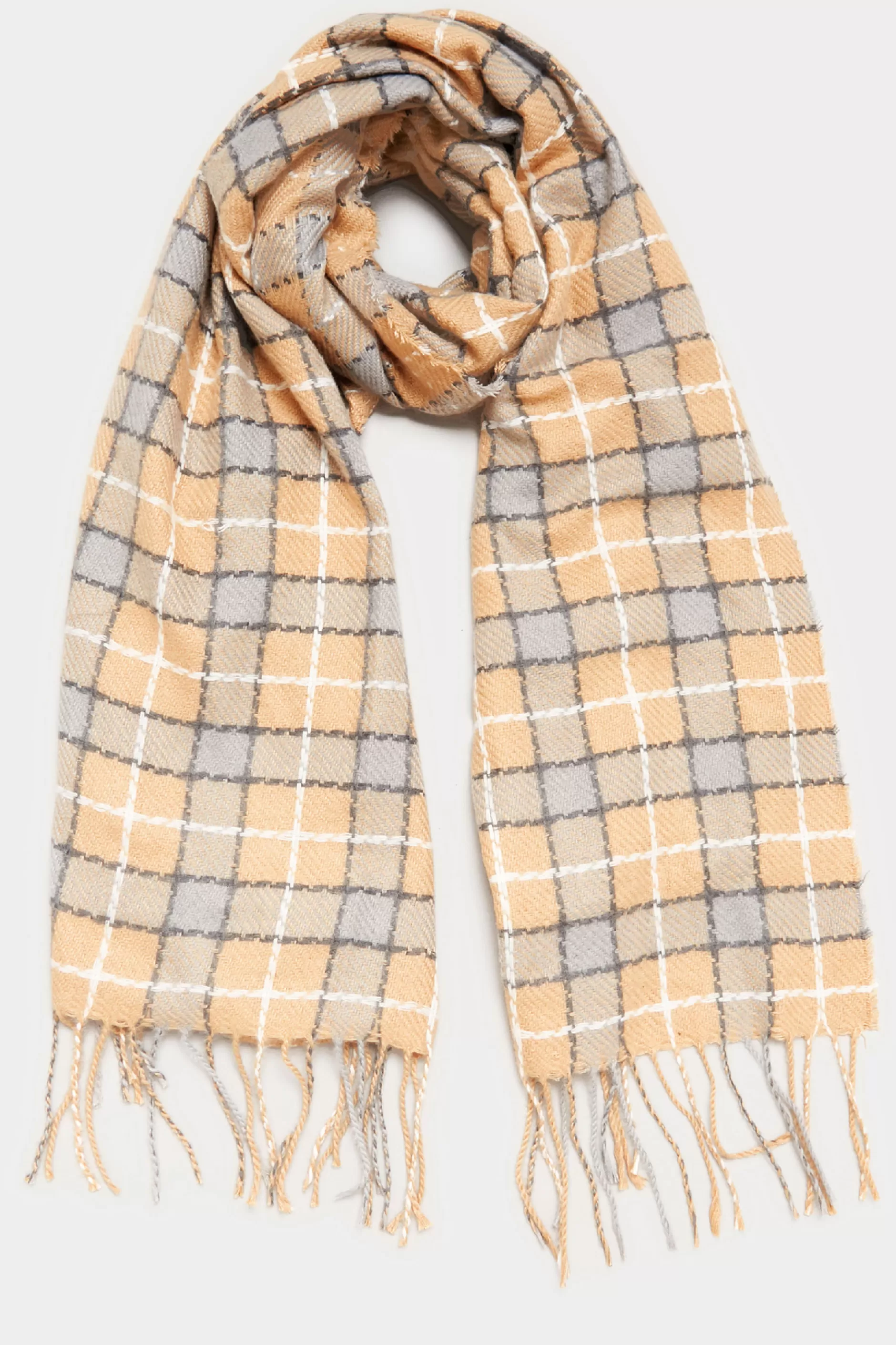 Women M&Co Scarves>Yours Yours Beige Brown Check Print Tassel Scarf