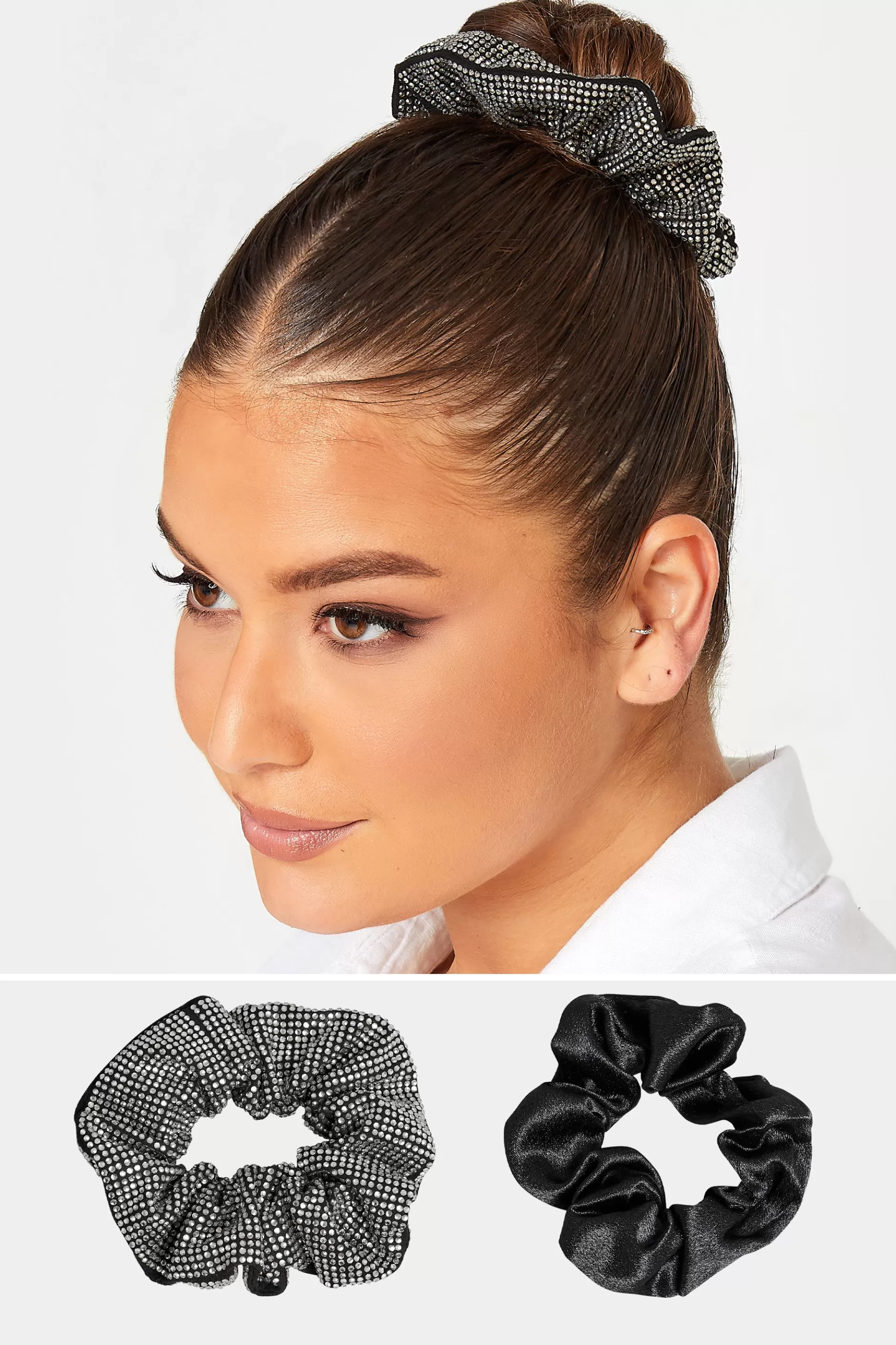 Women M&Co Hair Accessories>Yours Yours Black 2 Pack Diamante Satin Scrunchie Set