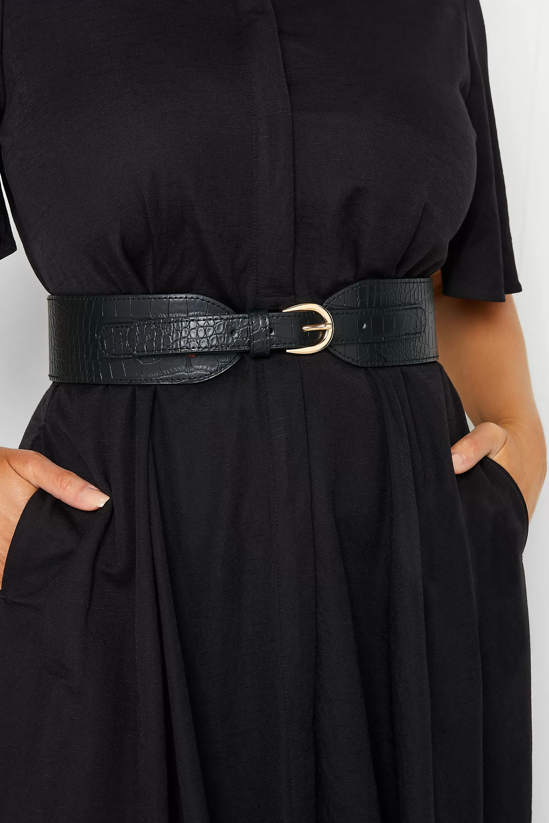 Women M&Co Belts>Yours Yours Black & Gold Croc Stretch Wide Belt